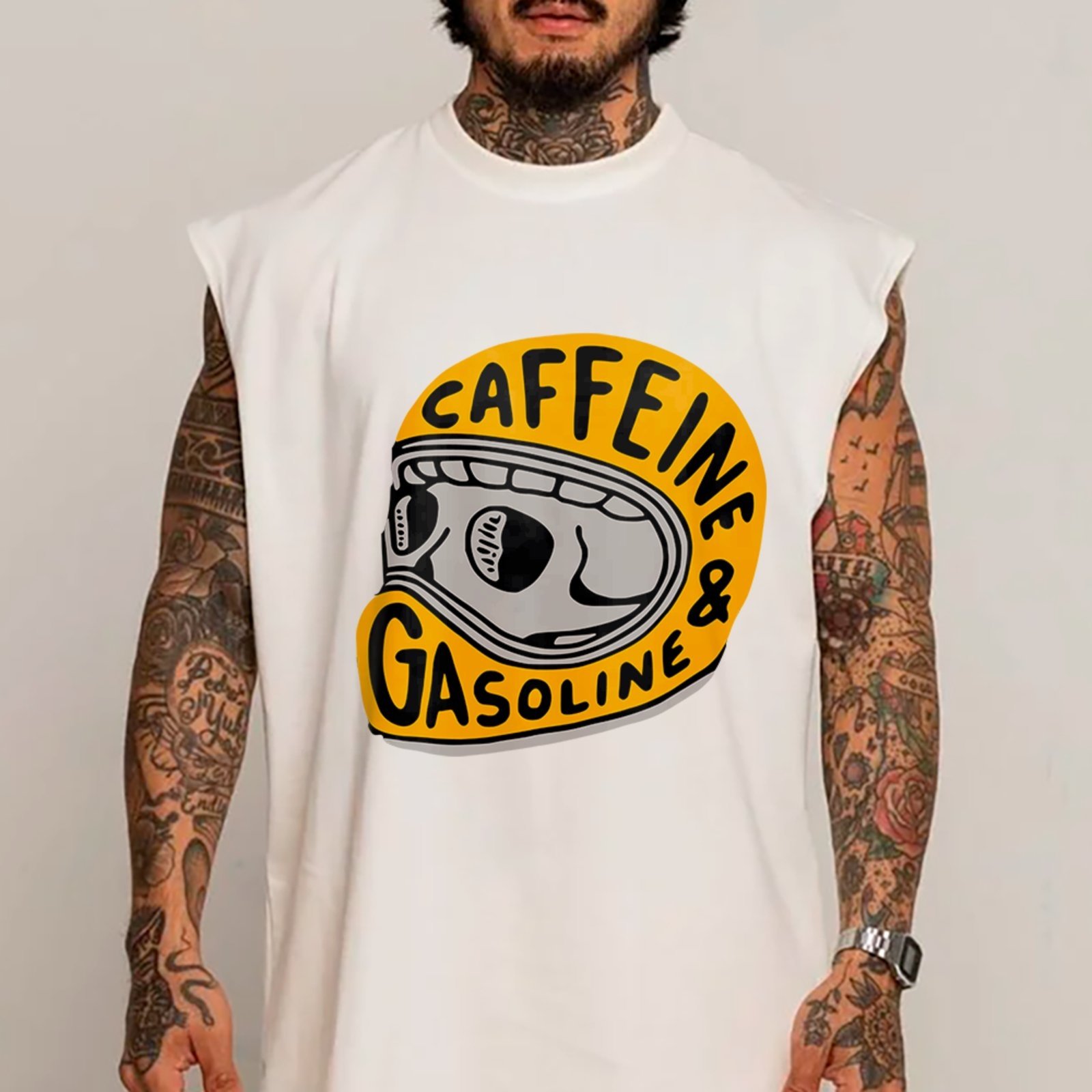 Camiseta Regata Machão Moto Caffeine Gasoline Vintage Streetwear Branco