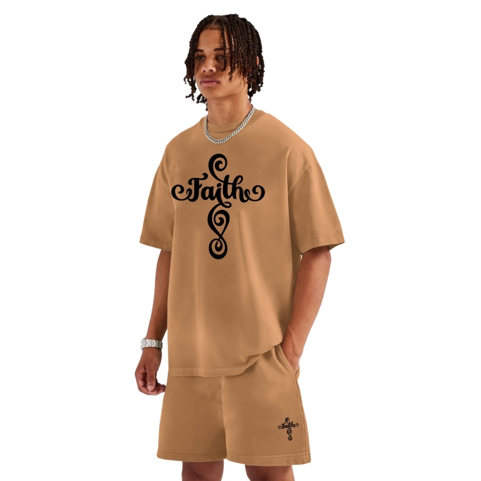 Conjunto Camiseta Oversized e Bermuda Moletinho Estampado Faith