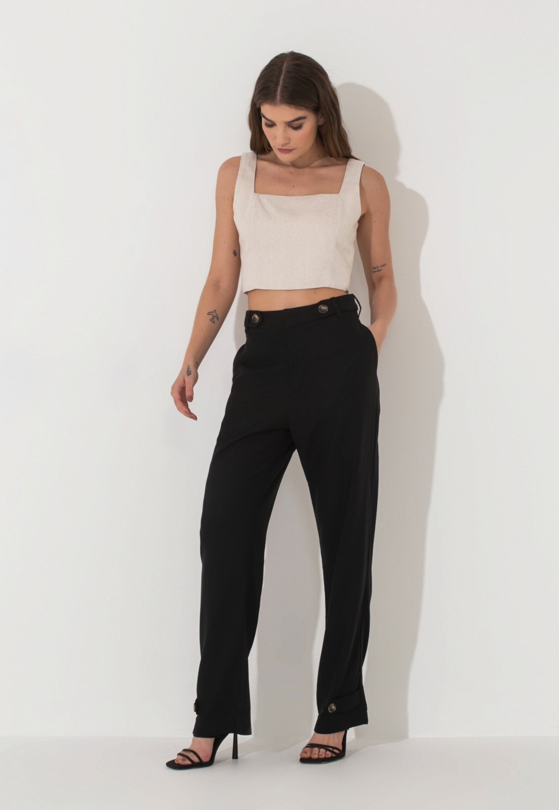 Calça Linho Traymon Cintura Alta Preto