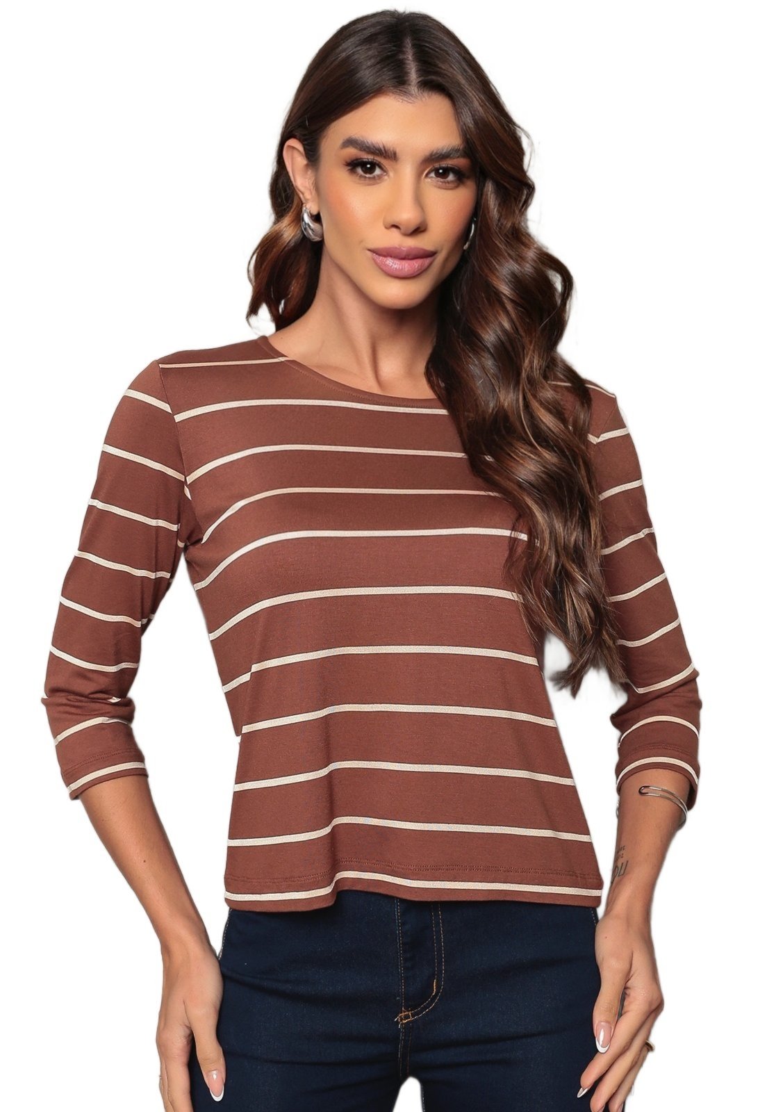 Blusa Manga 3/4 Dellamarca Listrada Marrom