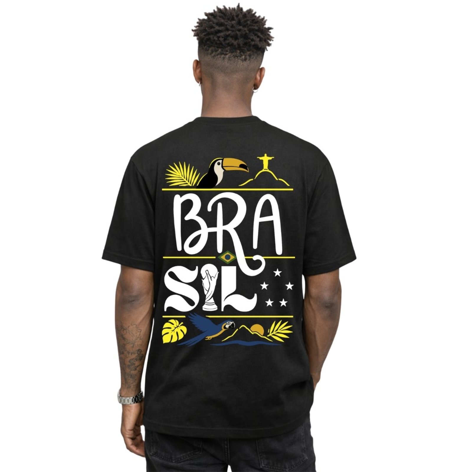 Camiseta Masculina Estampada Brasil Preto 100% Algodão Gola Redonda Casual