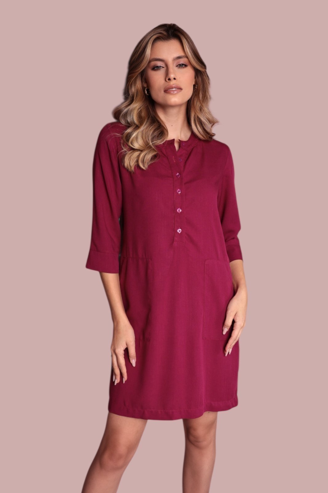 Vestido Chemise fechada Ícone Fashion manga 3/4 Pluma Vermelha