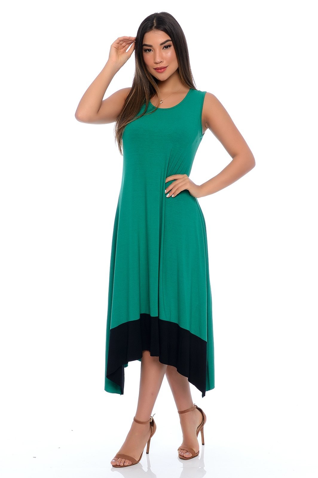Vista 3 Vestido Midi com Pontas Barra Sem Mangas B’Bonnie Nani BBonnie verde BBonnie verde