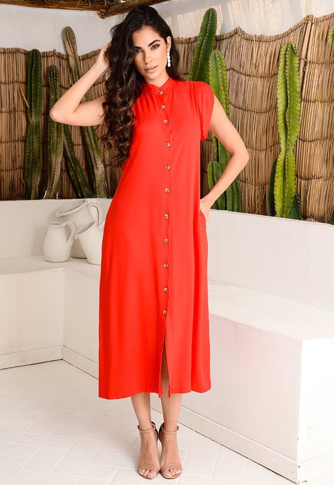 Vestido Chemise Midi Botões M/C B’Bonnie Sienna Vermelho
