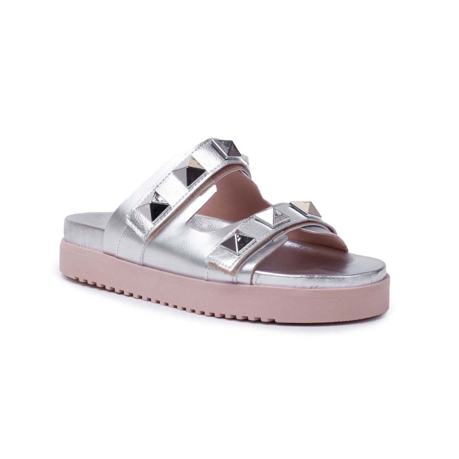 Papete Via Miss Metalizada Flatform Tiras Anatômica Slide Prata