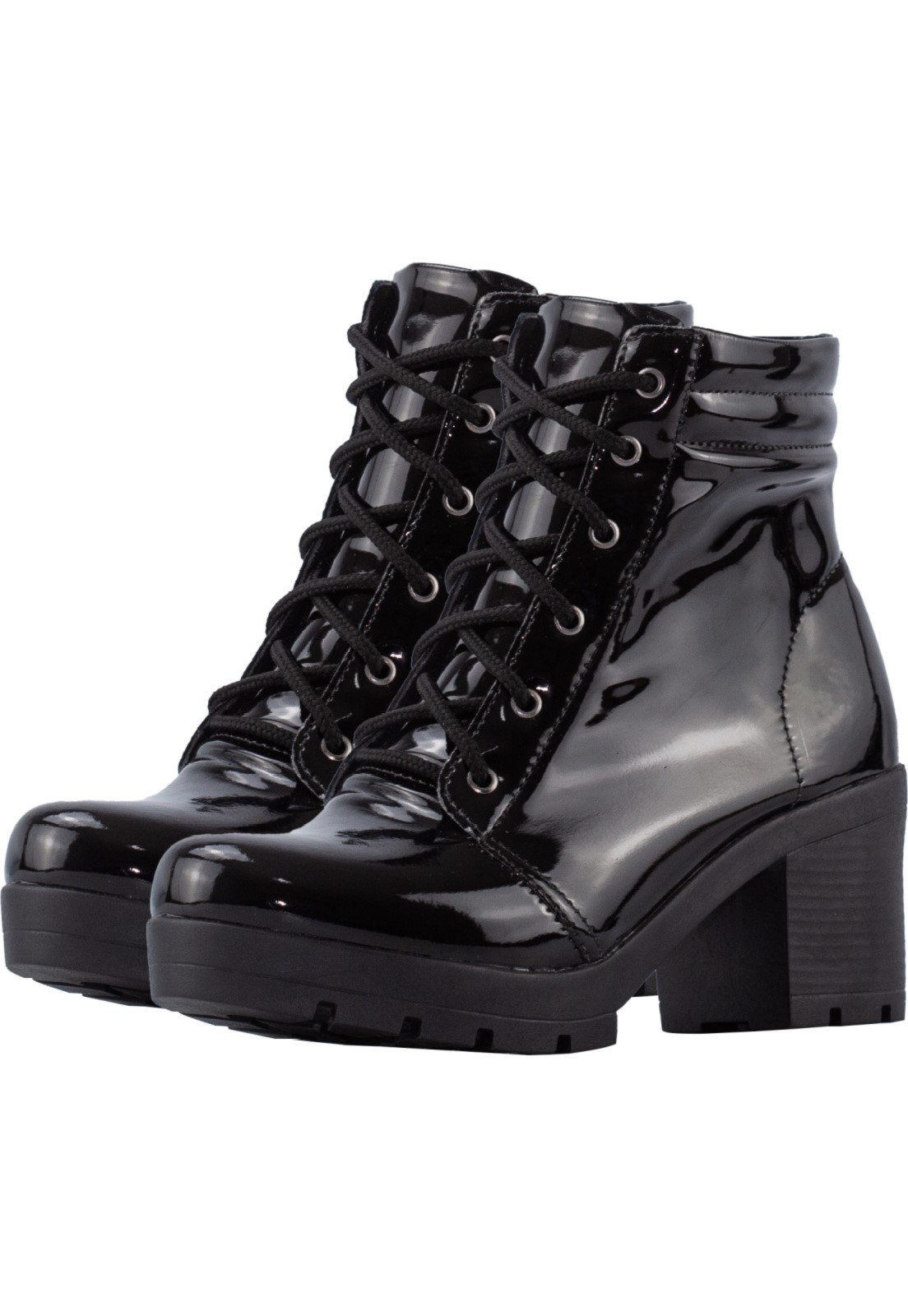 Bota Coturno Lumiss Salto Médio Cano Baixo Verniz Preto