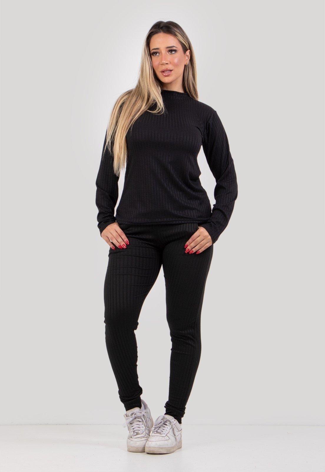 Conjunto Canelado 4 Estações Manga Longa Blusa Canelada Calça Jogger Cintura Alta Liso Preto