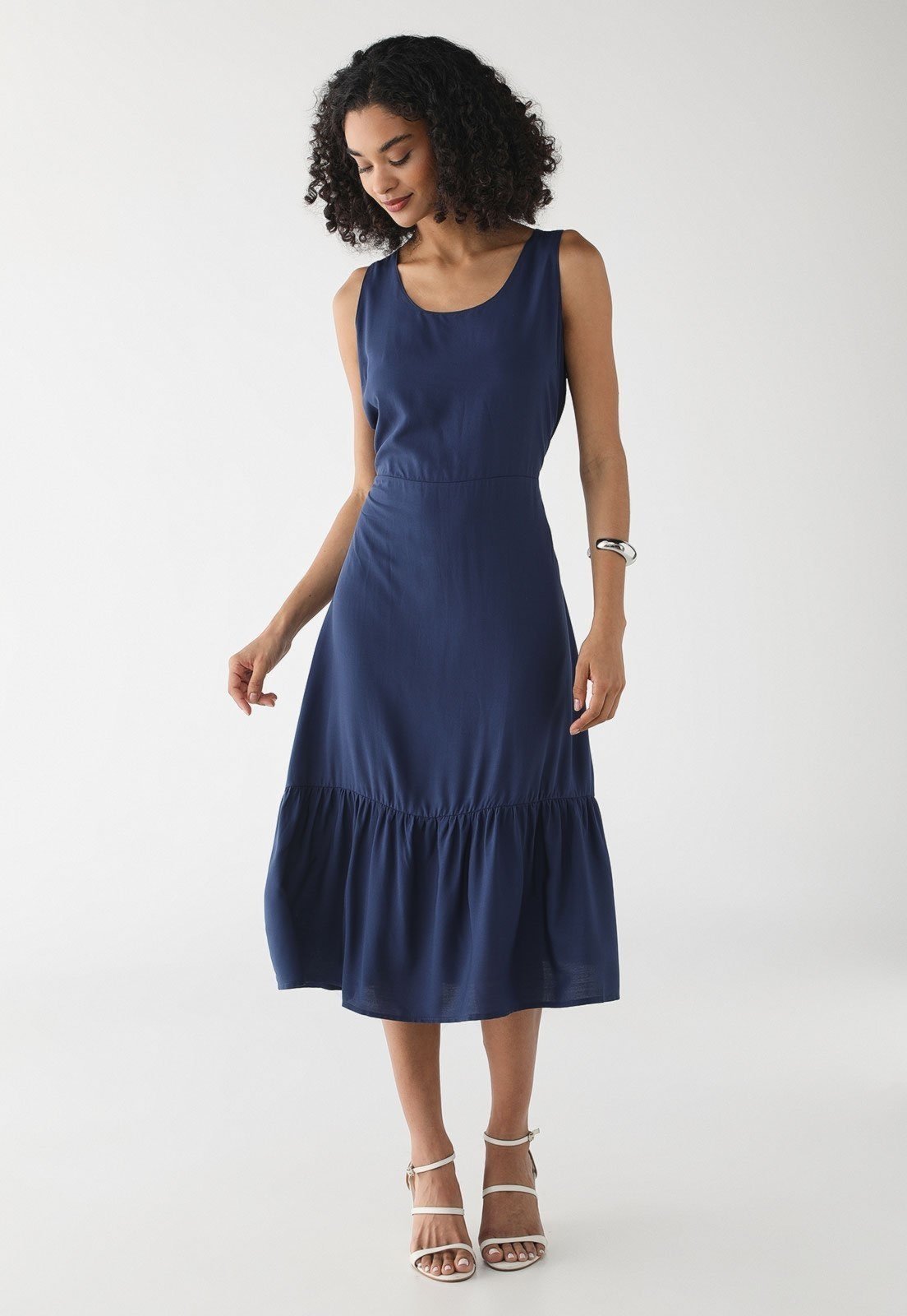 Vestido Feminino Pompier Regata Midi em Viscose com Babado na Barra Azul Marinho