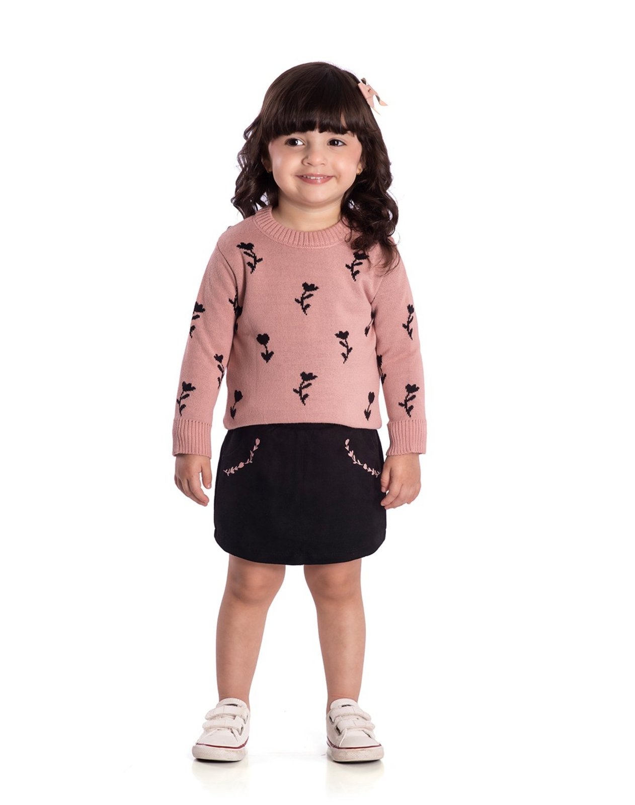 Infantil - Conj. casaco tricô rosa + saia-shorts suede preta