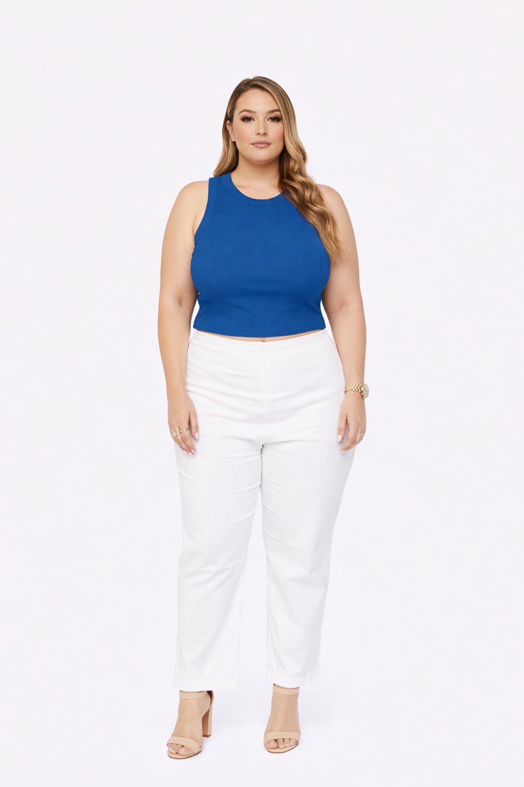 Cropped Plus Size D Bell Outlet Fashion Canelado Azul Petróleo