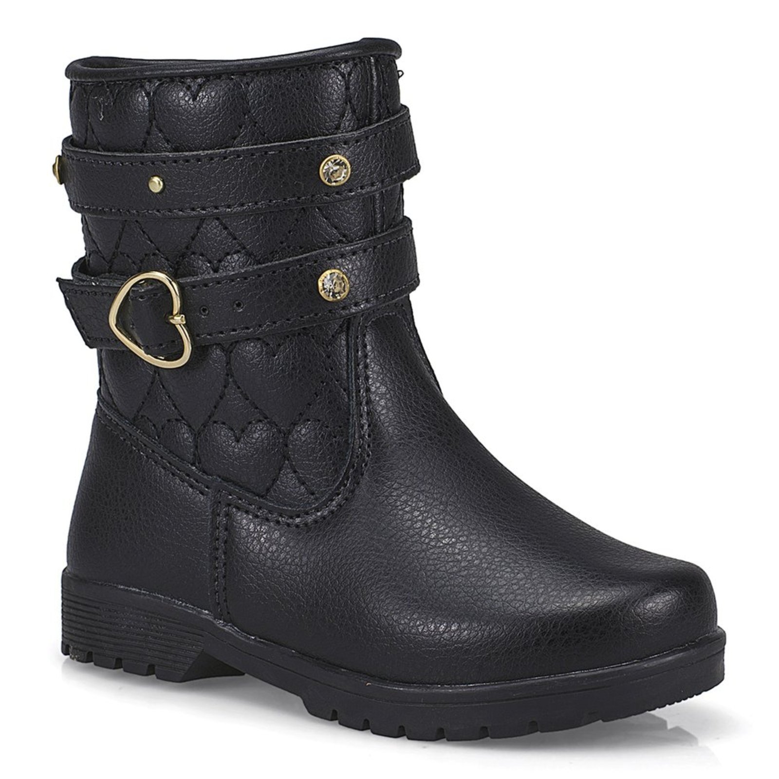 Infantil - Bota Feminina Cano Alto Fivela Coração Bordado Confortável Preto 72207 Pequito