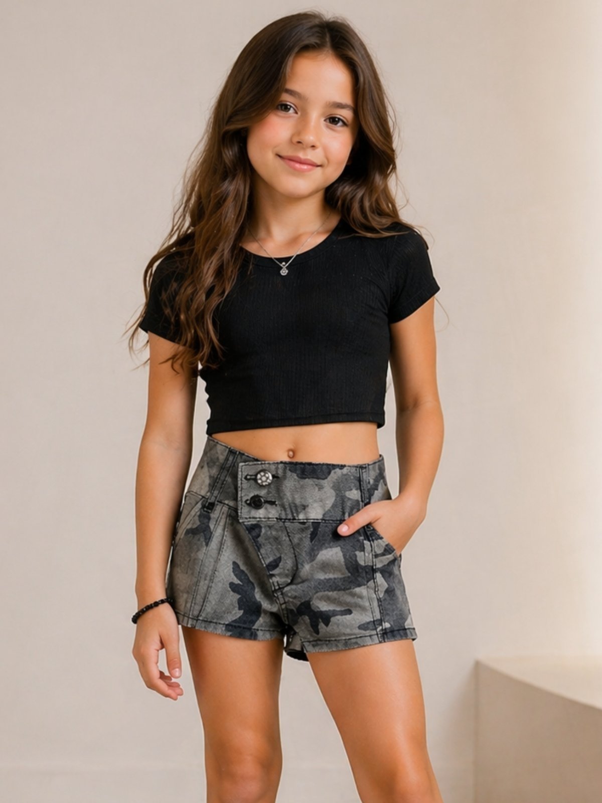 Infantil - Short Sarja Feminino Cós Baixo Camuflado Confortável Moda Menina 4 6 8