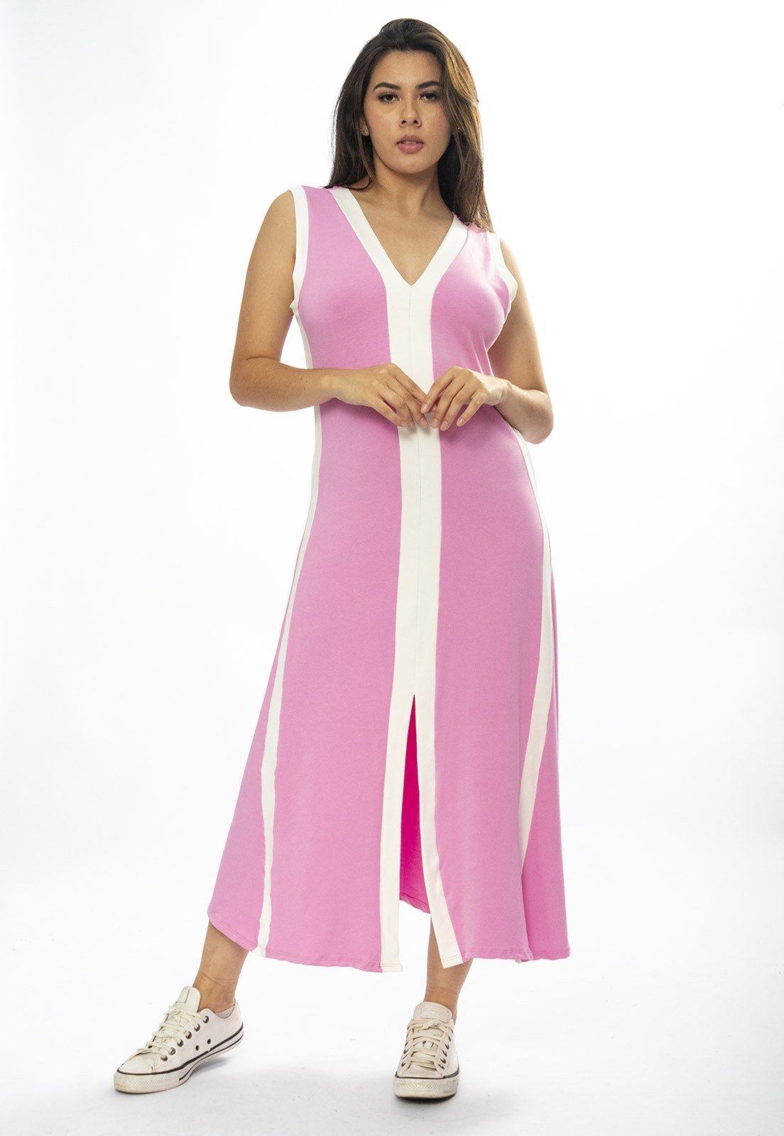 Vista 2 Vestido Midi Amazônia Vital Fenda Frontal Color Block Rosa Amazonia Vital off-white/rosa rosa