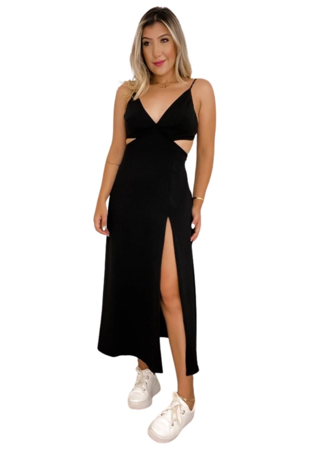 Vestido de Verão Midi Khloe Abertura Viscolinho com Fenda Preto