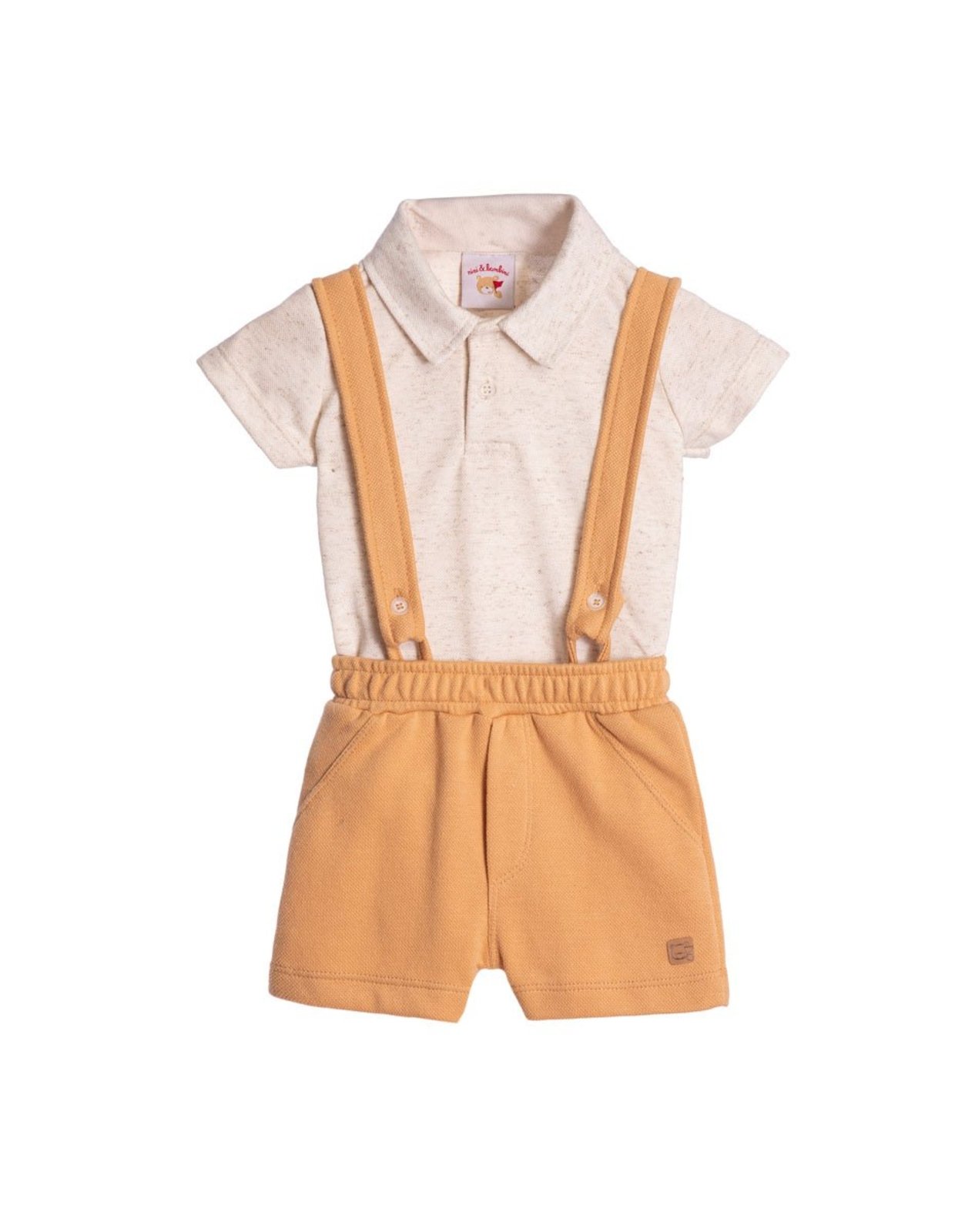 Infantil - Conjunto body piquet linho e bermuda com suspensório piquetom caramelo