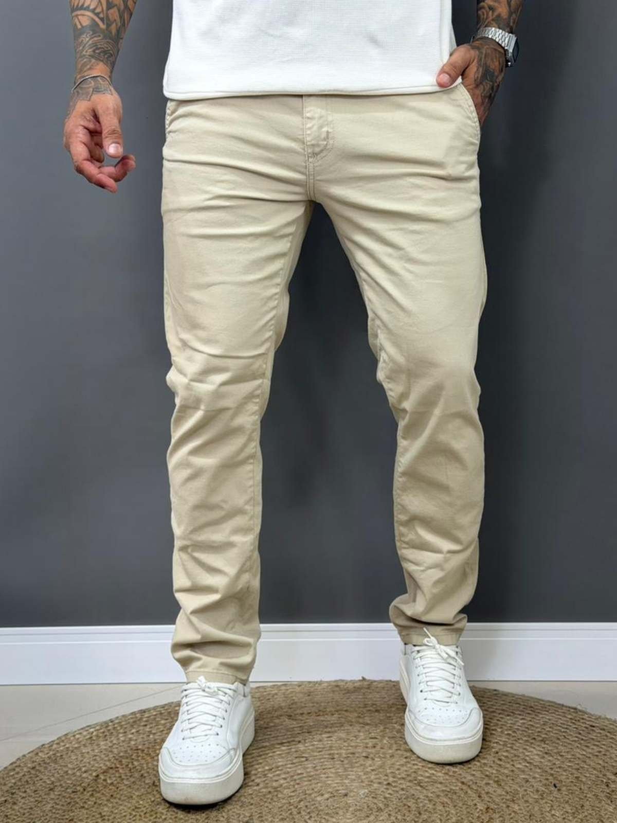 Calça Alfaiataria Masculina Areia Slim Fit Stretch Elegante Casual Premium