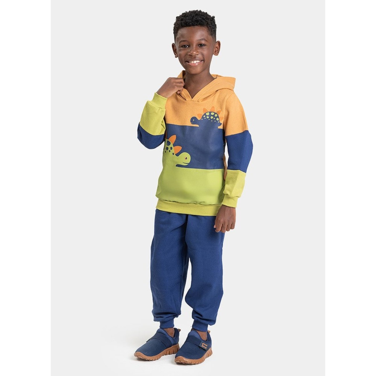 Infantil - Conjunto Inverno Menino Cogumelo Blusão com Capuz e Calça em Moletom Dinossauros Coloridos