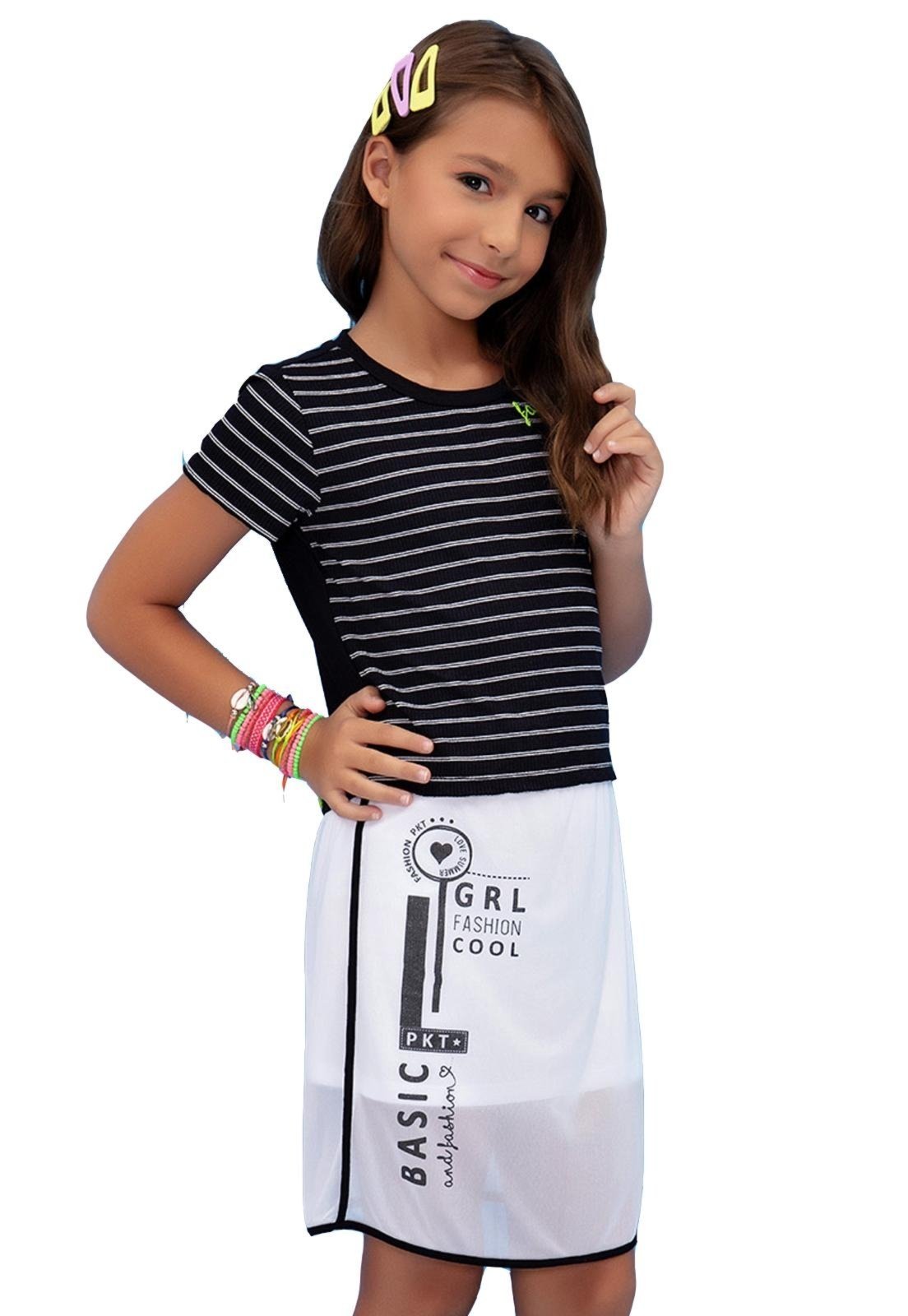 Vista 2 Infantil - Conjunto Blusa Curto Listras Saia Girl Basic Ok e Pakita Ok & Friends preto Ok & Friends preto