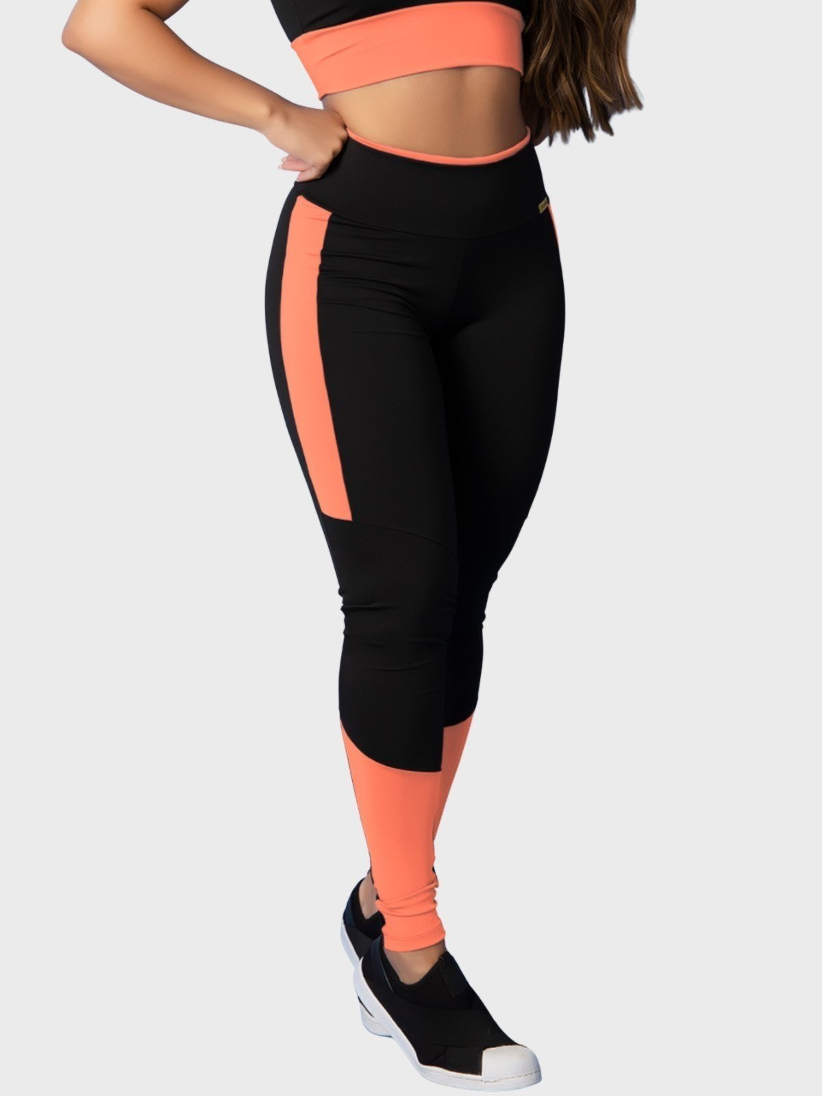 Calça Legging Fitness Tarelles Cintura Alta Preto e Laranja Claro