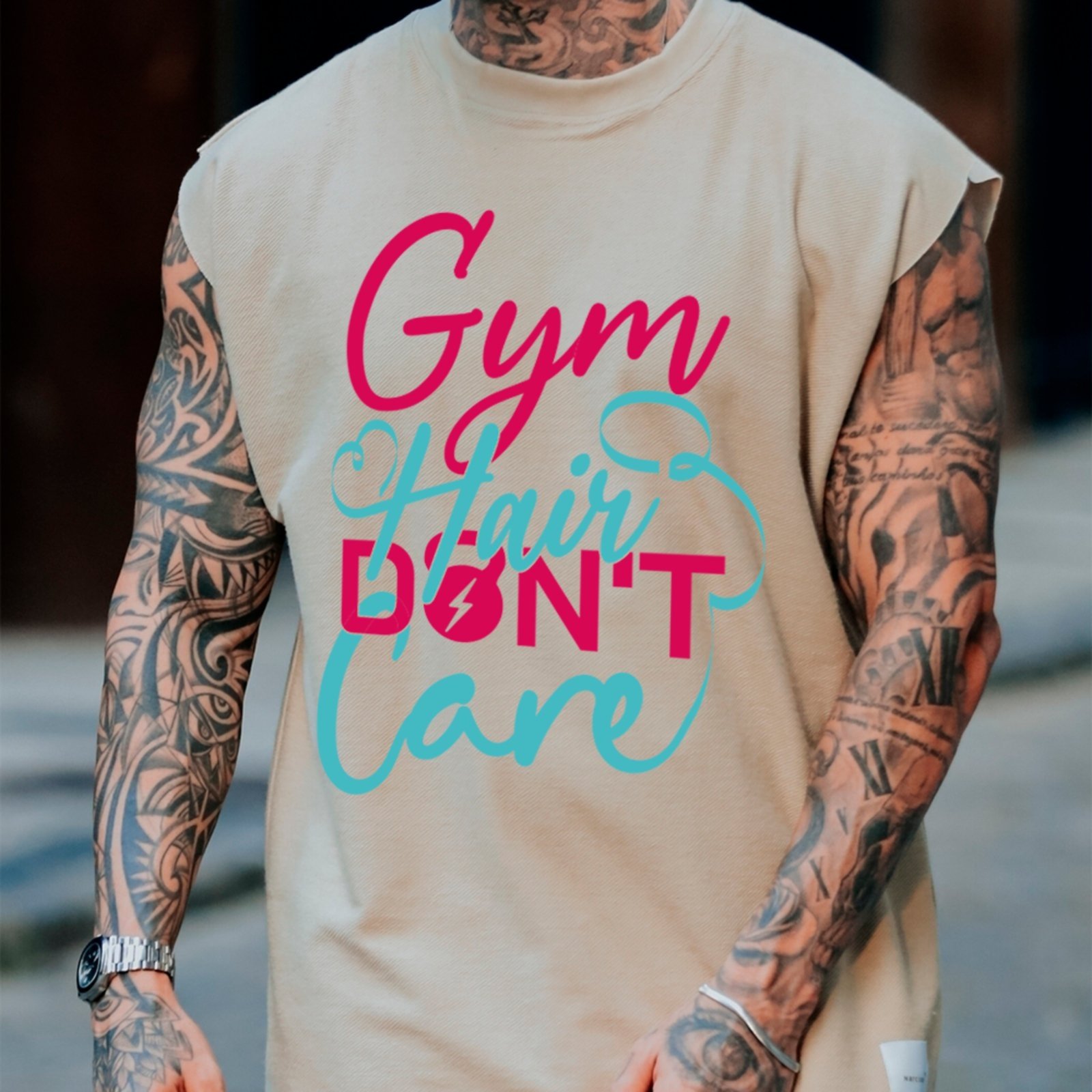 Camiseta Regata Machão Ousy Gym Hair Don’t Care Academia Oversized Masculina Off White