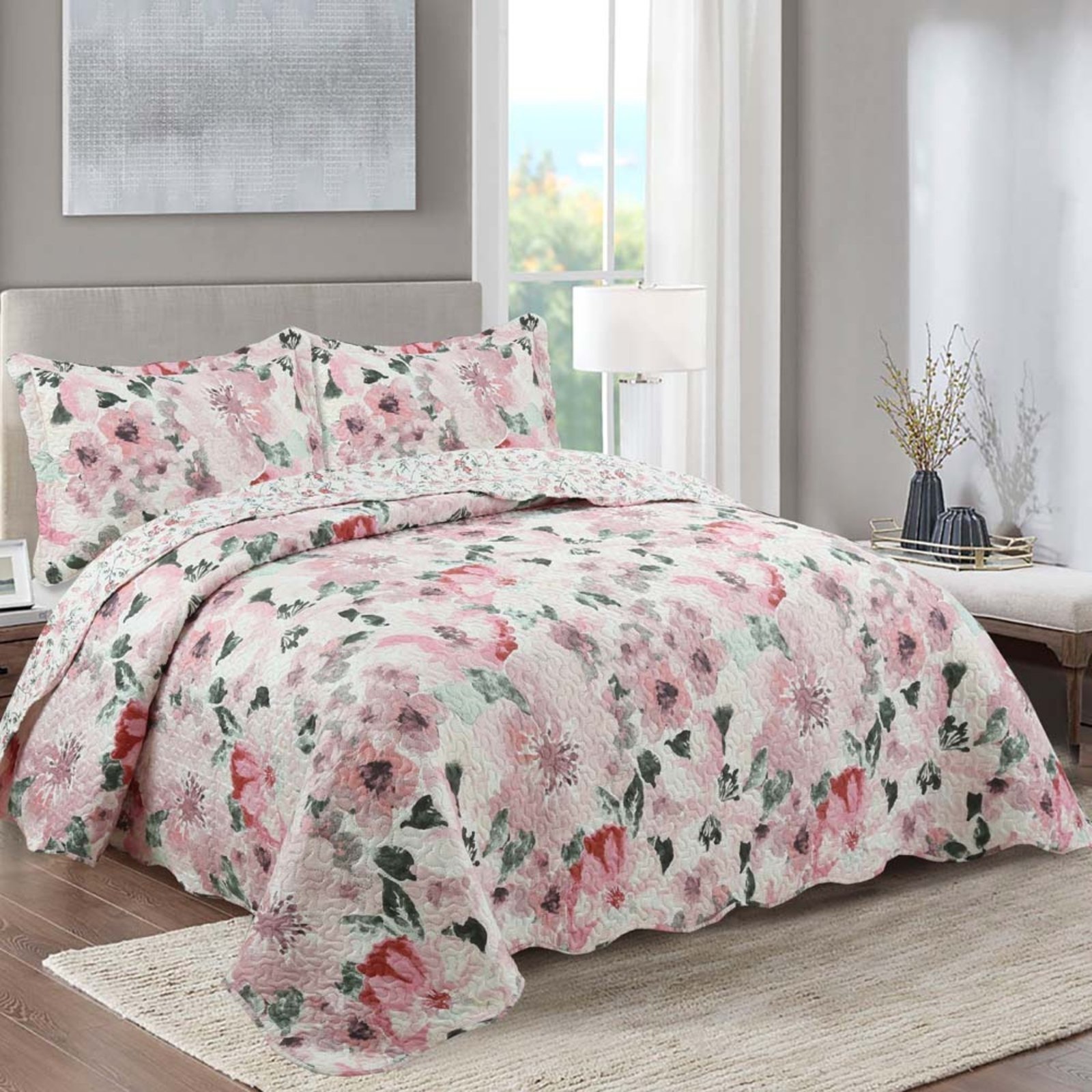 Kit Cobre Leito Colcha Casa Scarpa Mix Queen Estampado Dupla Face Floral 3 Peças - Sirlene - Rosa