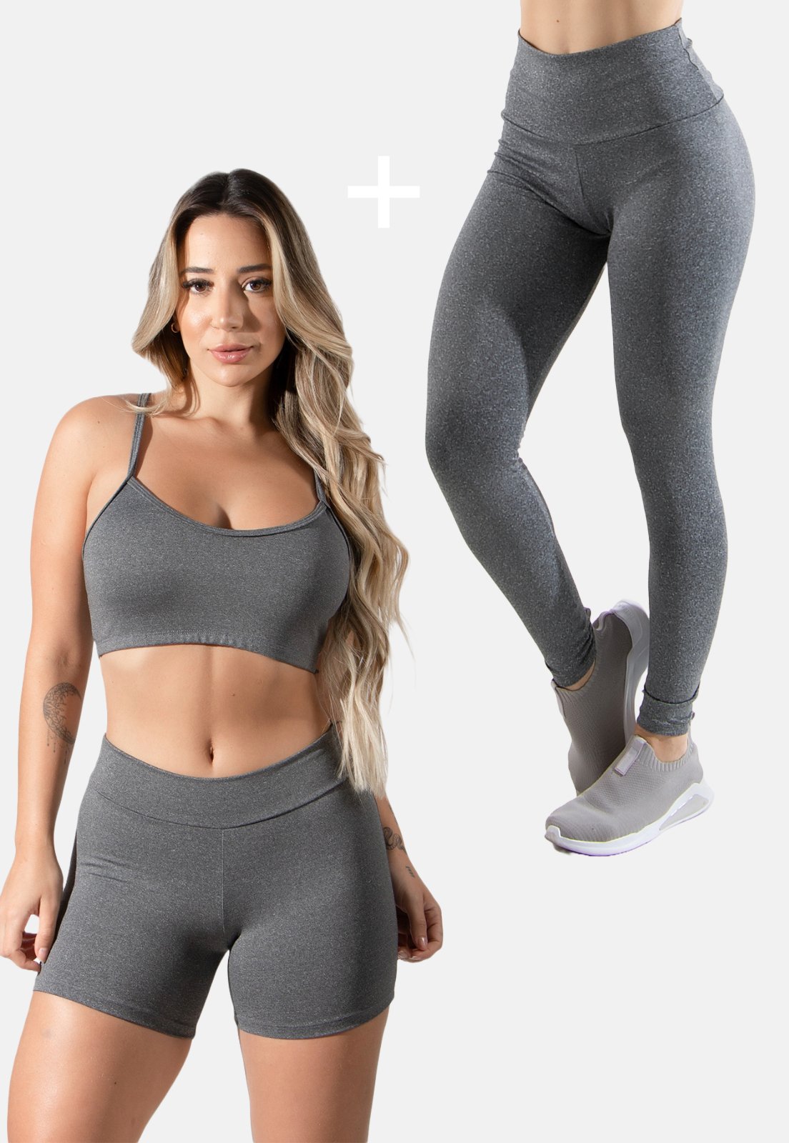 Kit Básico Fitness Calça Legging, Shortinho e Top de Academia 4 Estações Cinza
