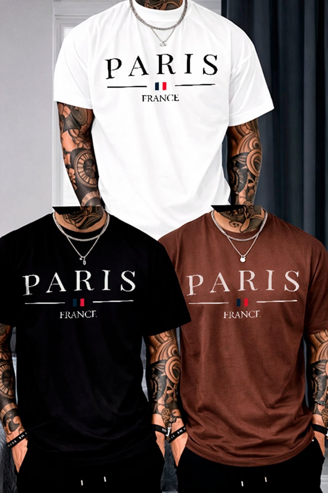 Vista 2 Kit 3 Camisetas Oversized Paris France Casual Moderno Premium Unissex Algodão Premium ousy branco/marrom/preto ousy branco/marrom/preto