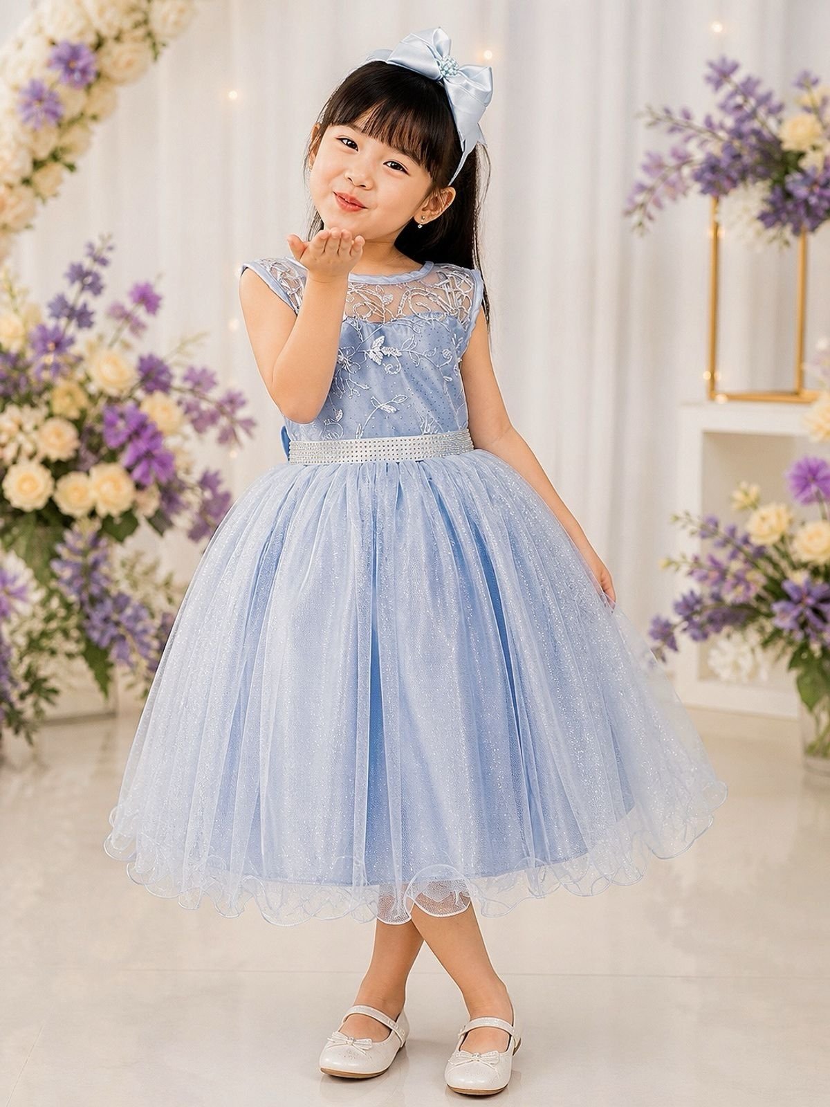 Infantil - Vestido Festa Azul Claro Serenity Formatura Casamento Renda Dama Daminha Florista Social Menina Juvenil Pérolas Princesa Rodado Aniversário Luxo