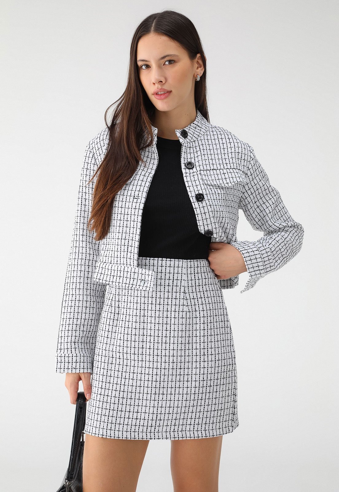 Conjunto De Tweed Levosch Saia e Jaqueta Xadrez Preto e Branco