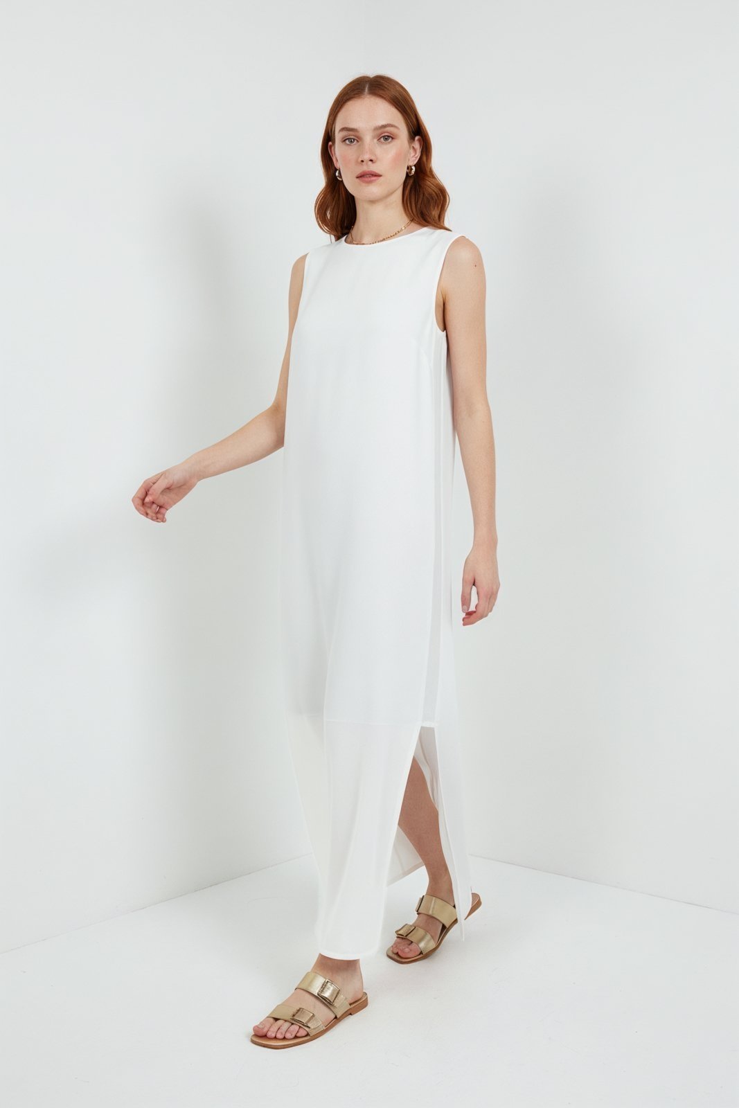 VESTIDO MIDI RECORTE LATERAL TRAYMON – OFF WHITE – XGG