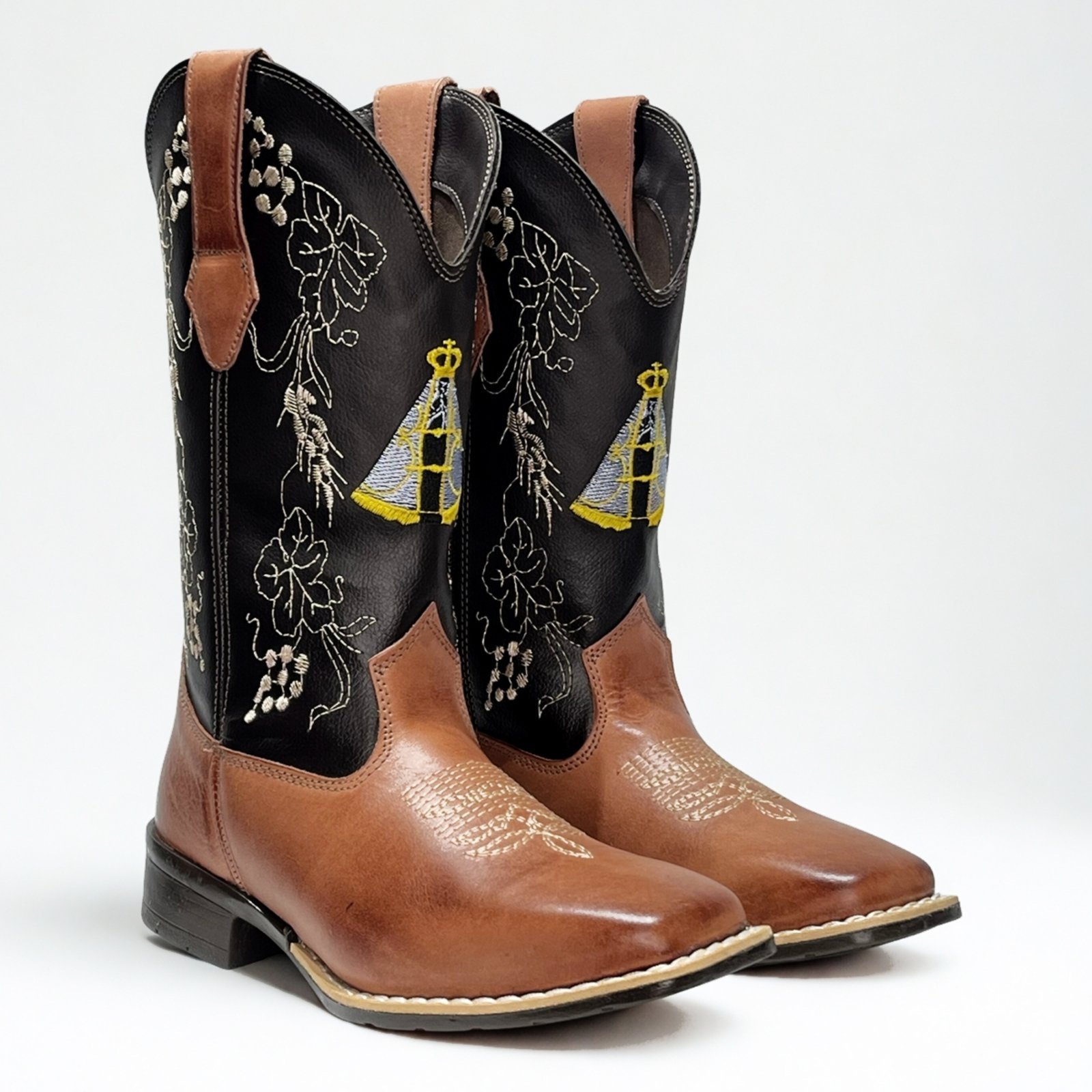 Bota Country Feminina Bordado Aparecida Cano Longo Em Couro Bico Quadrado