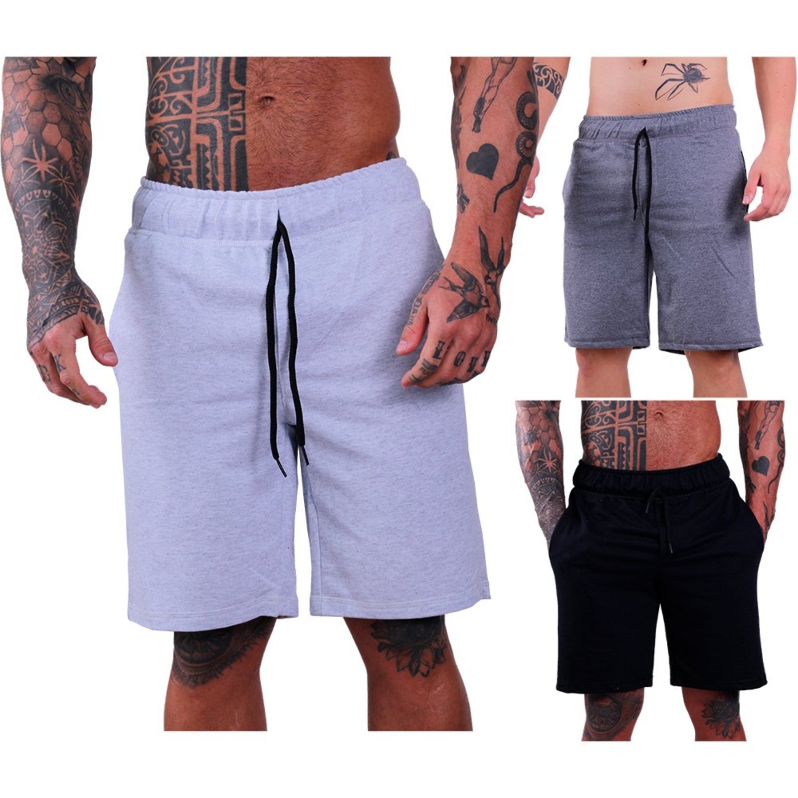 Kit 3 Bermuda Moletom e Moletinho MXD Conceito Academia Musculação Mescla Escuro Preto e Mescla Alvejado