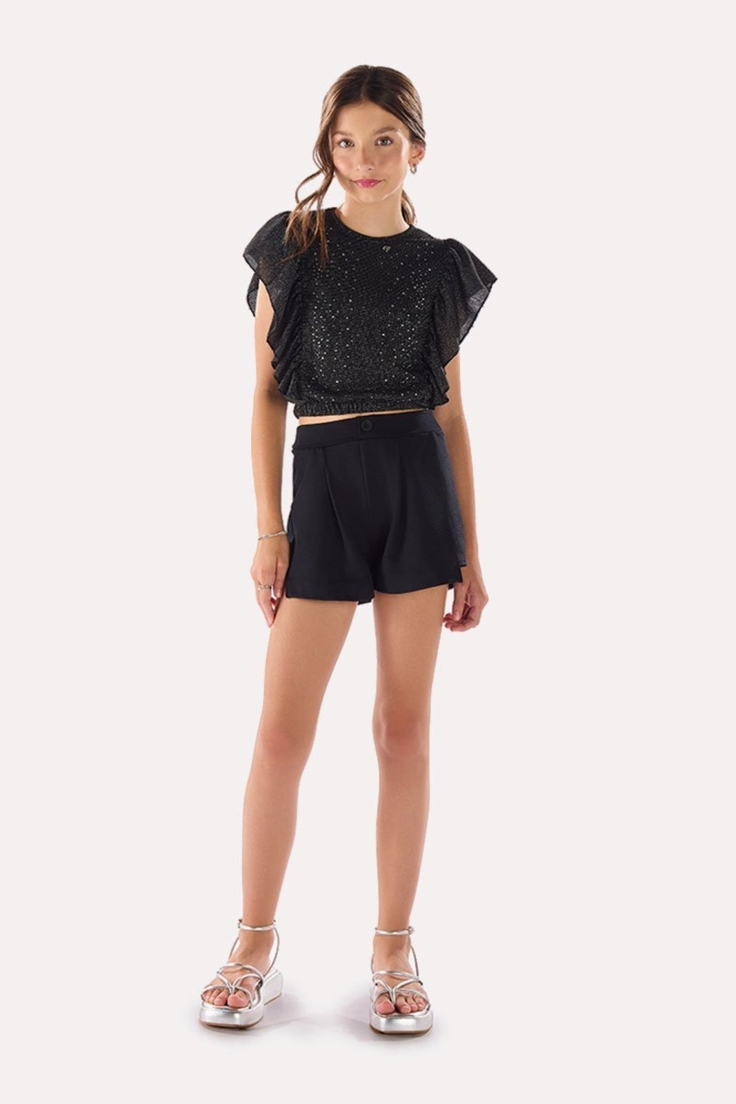 Infantil - Conjunto Blusa em Malha Tricot com Brilho e Shorts Preto