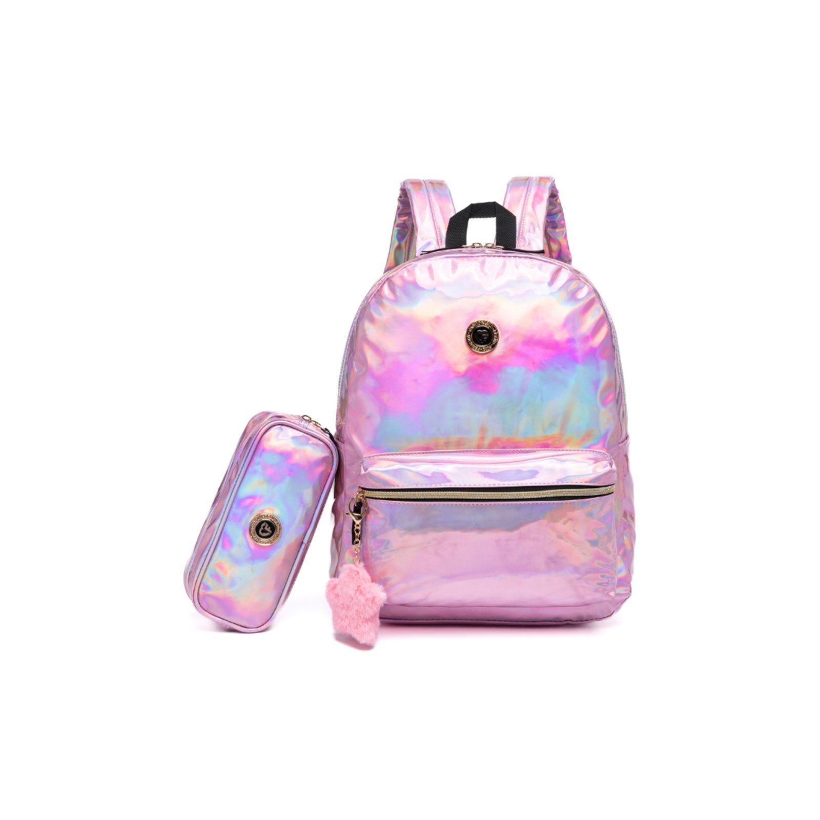 Kit Mochila Escolar Feminina Holográfica Ferrazzi Estojo Alças Acolchoadas Reforçadas