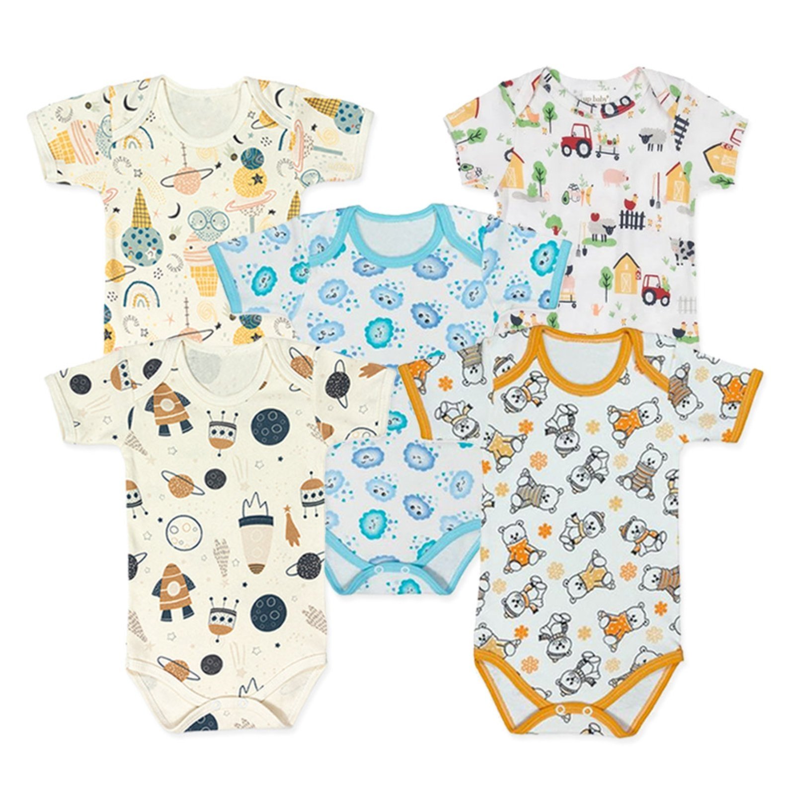 Infantil – Kit 5 Bodys Estampado Roupa Manga Curta Menino Azul