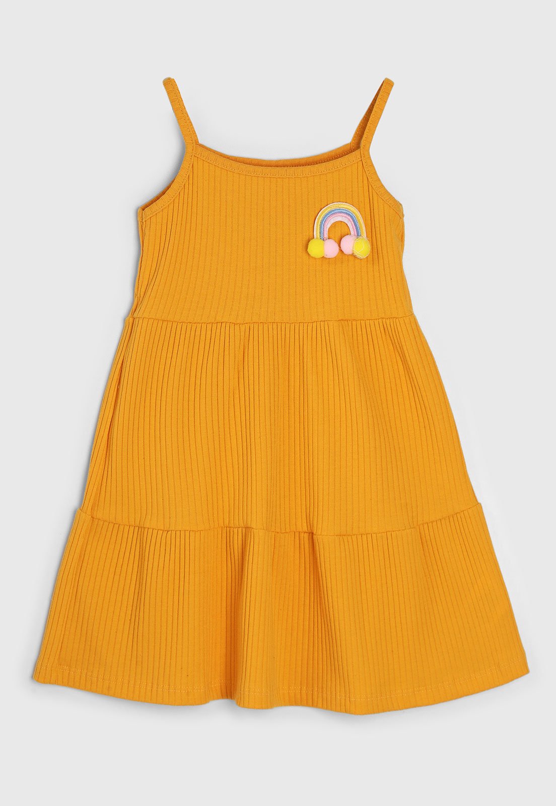 Vestido Kamylus Manga Curta Babado Bordado Mostarda