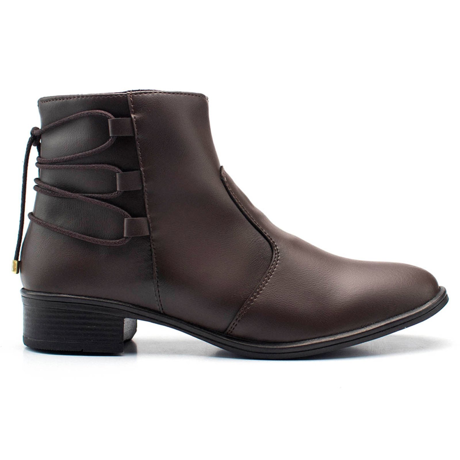 Bota Bico Fino Coturno Feminino Cano Curto Detalhe Tiras Café