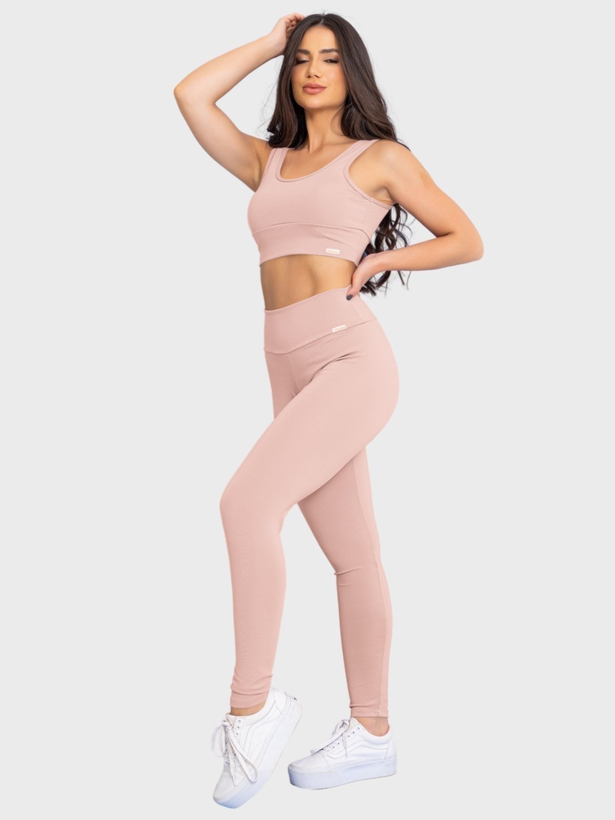 Conjunto Fitness Tarelles Top Calça Legging Liso Cintura Alta Salmão Claro