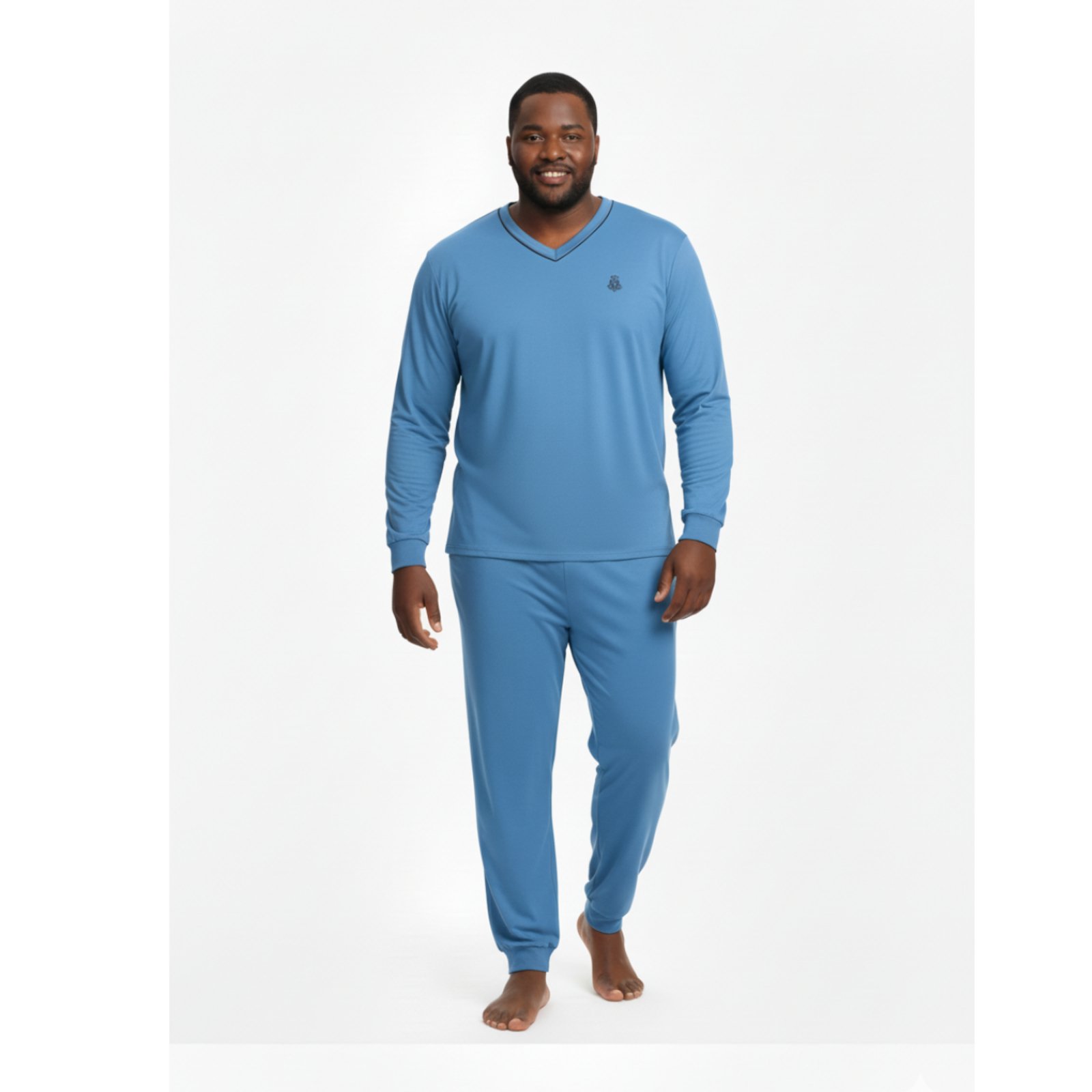 Pijama Masculino Plus Size Adulto Longo Inverno Frio Malha Fria Manga Longa G1 G2 G3 G4 48 50 52 54 Conforto Gola V Homen Mechler Azul Claro Celeste