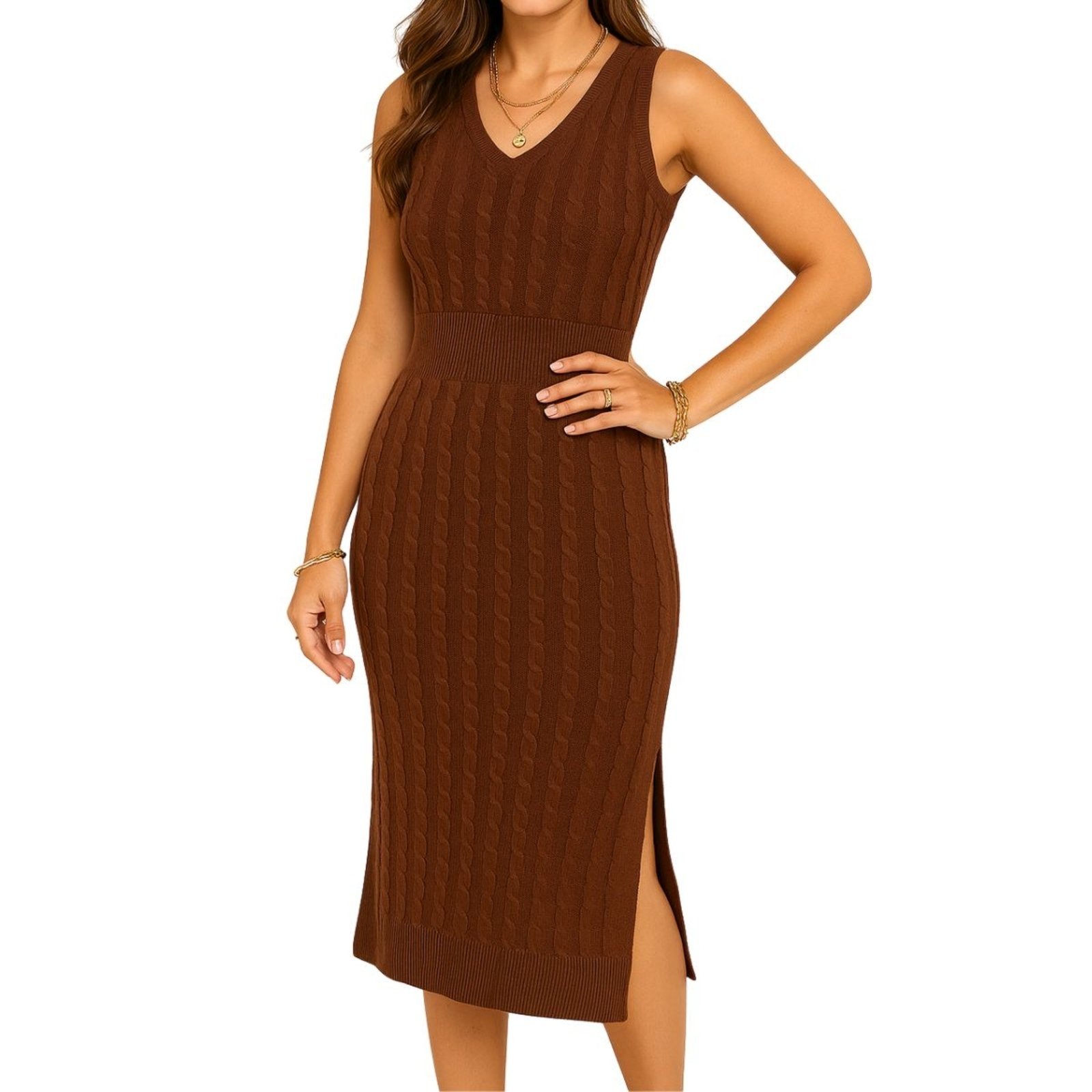 Vestido FMF Midi Tricô Feminino Marrom com Detalhe de Tranças e Abertura Lateral Premium