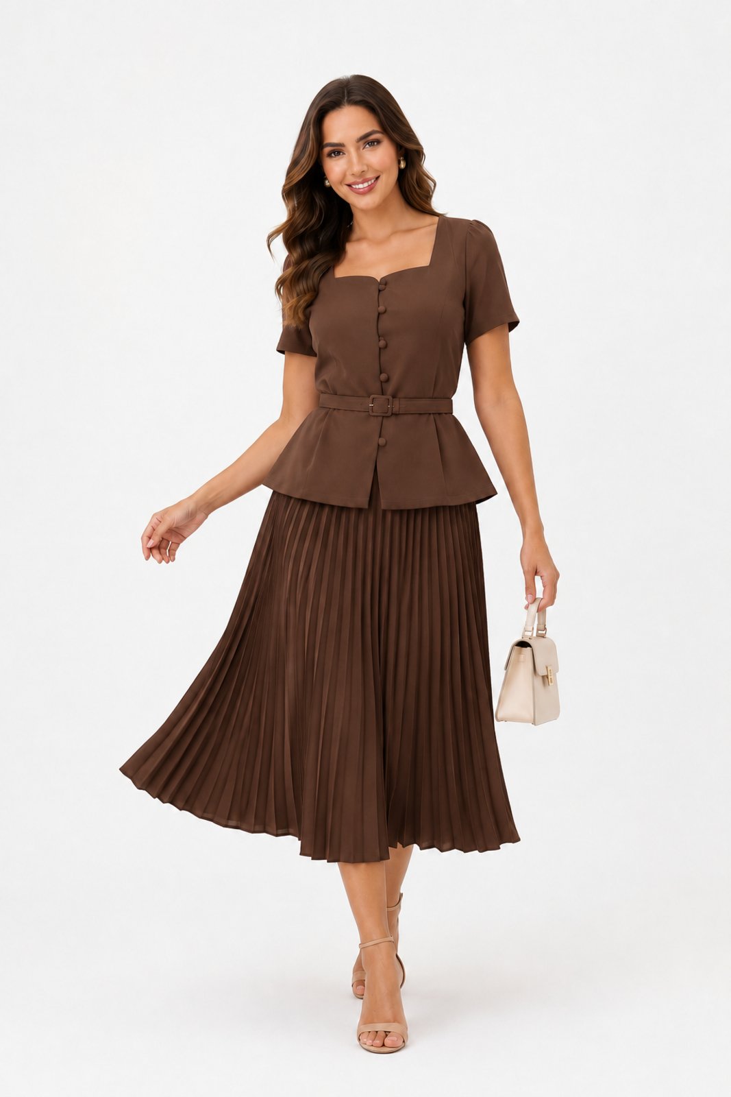 Conjunto Saia Midi D Bell Outlet Fashion Plissada Marrom
