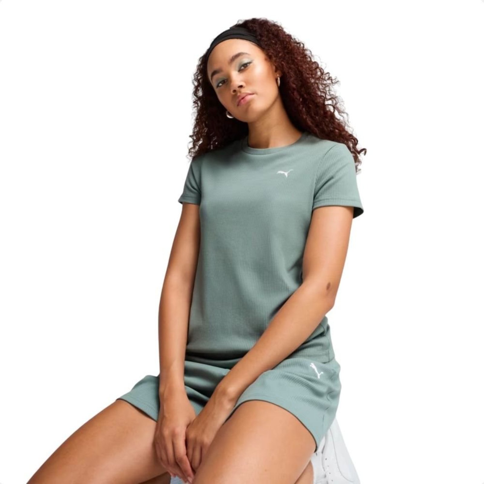 Camiseta Feminina Puma Essential Elevated Rib Tee Verde