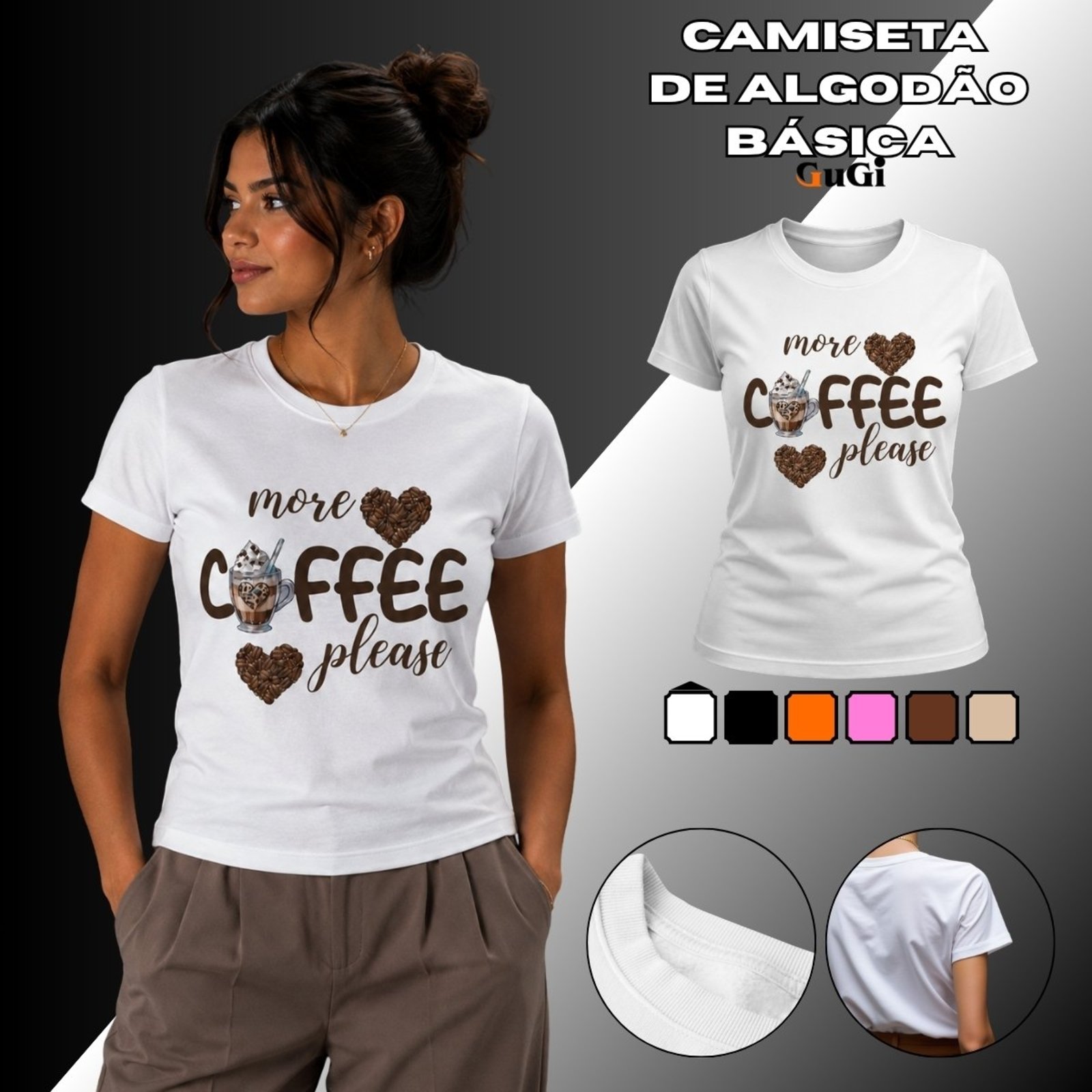 Camiseta Feminina Coffee Please Café 100% Algodão Branco