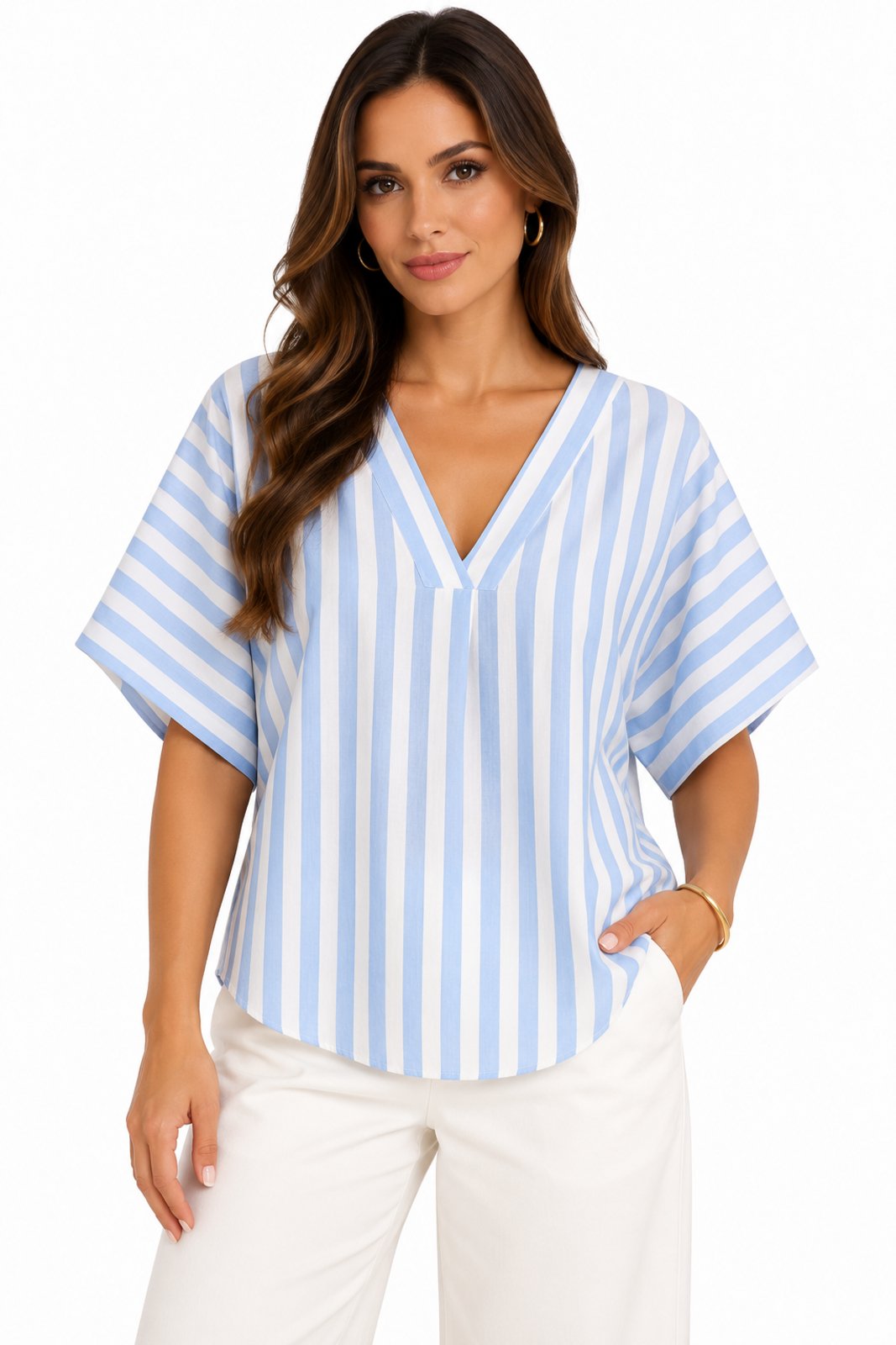 Blusa Listrada com Decote D Bell Outlet Fashion Azul