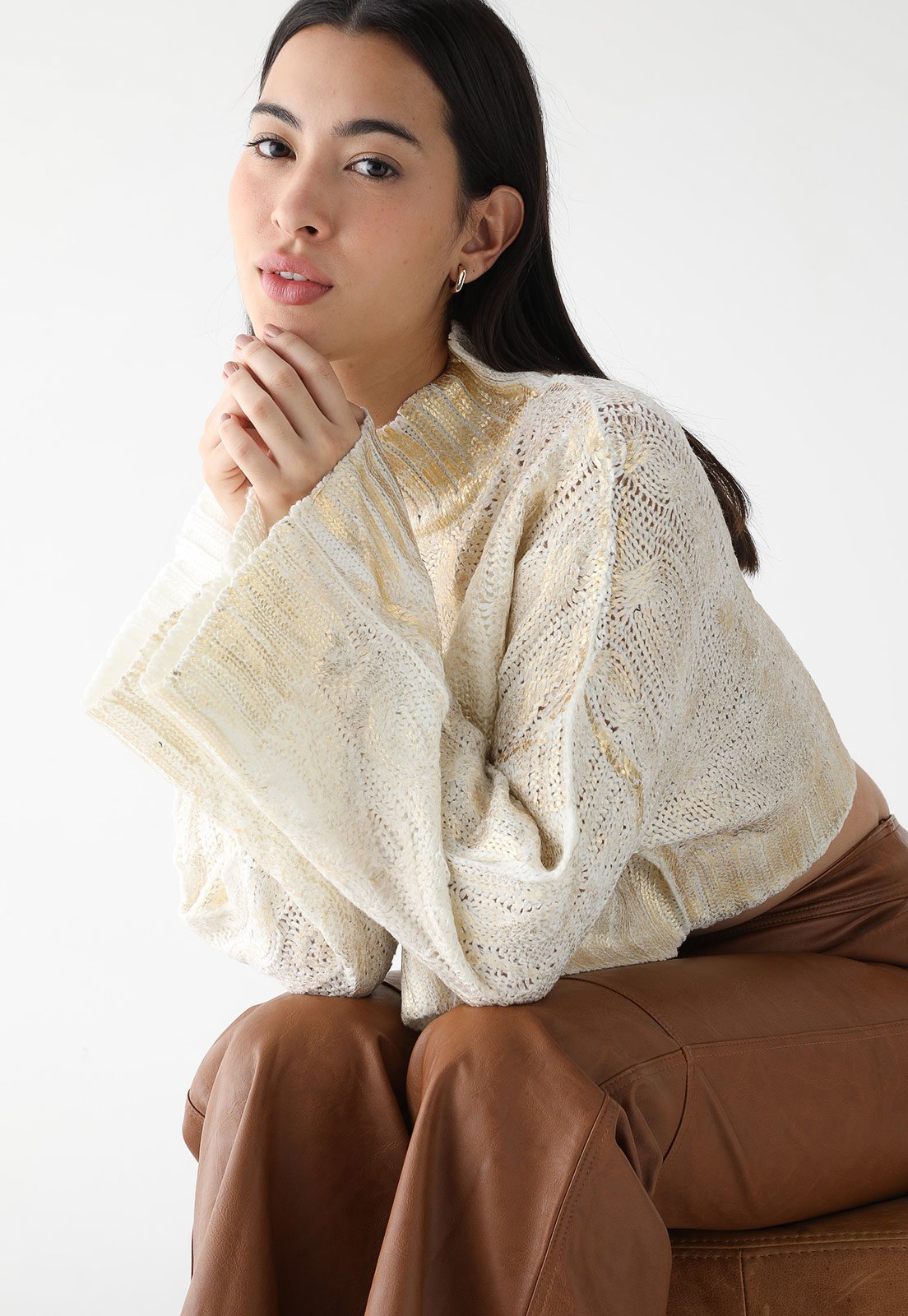 Blusa Cropped Tricot Lança Perfume Reta Metalizada Off-White