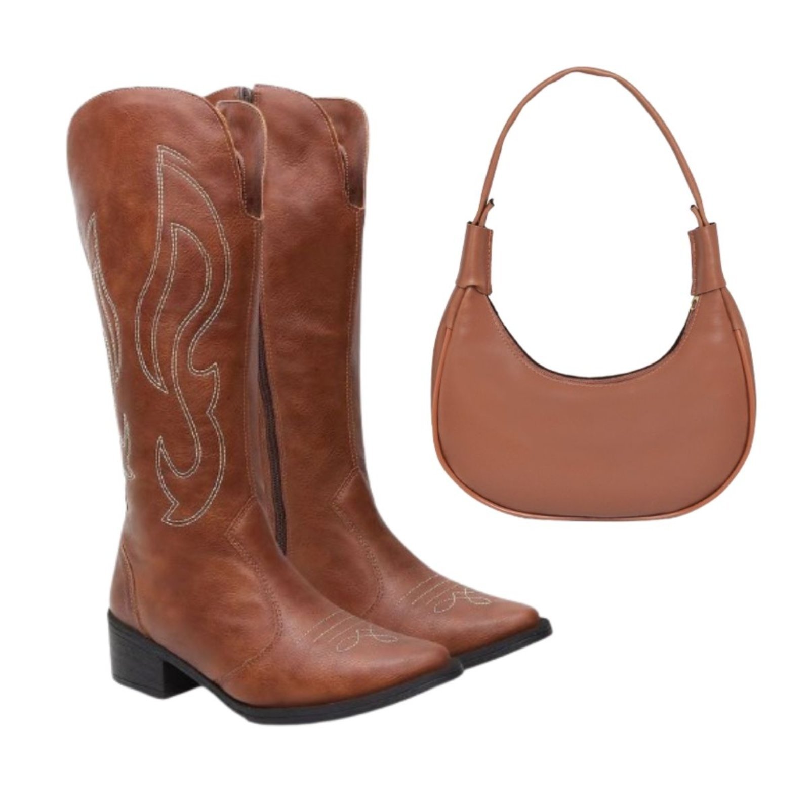 Kit Bota Feminina Texana Anna Andrade Western Bordada Cano Alto Bolsa Meia Lua Caramelo