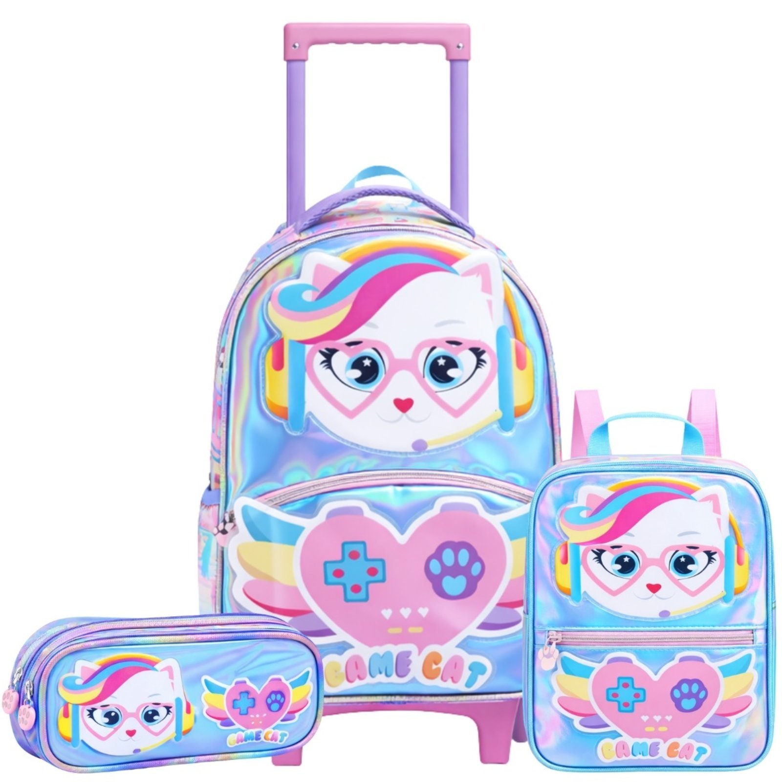 Infantil - Mochila Escolar de Rodinha kit Escolar Gatinho Cat