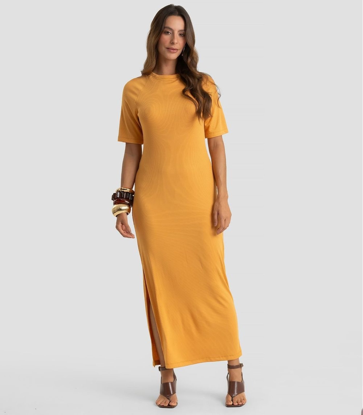 Vestido Midi Em Ribana Viscose Manga Raglan Dianna Amarelo