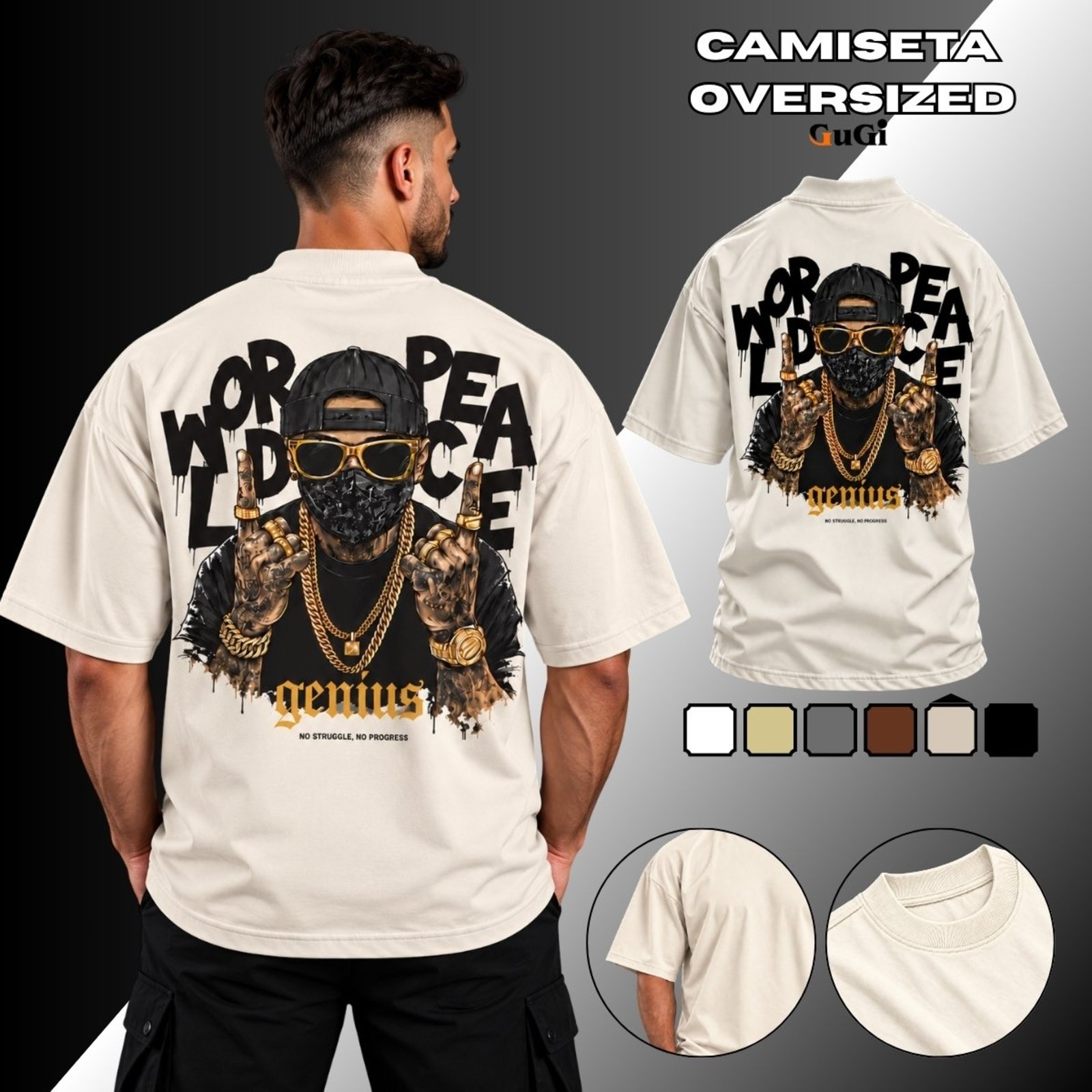 Camiseta Masculina Oversized Rapper Gangster 100% Algodão 30.1 Off White