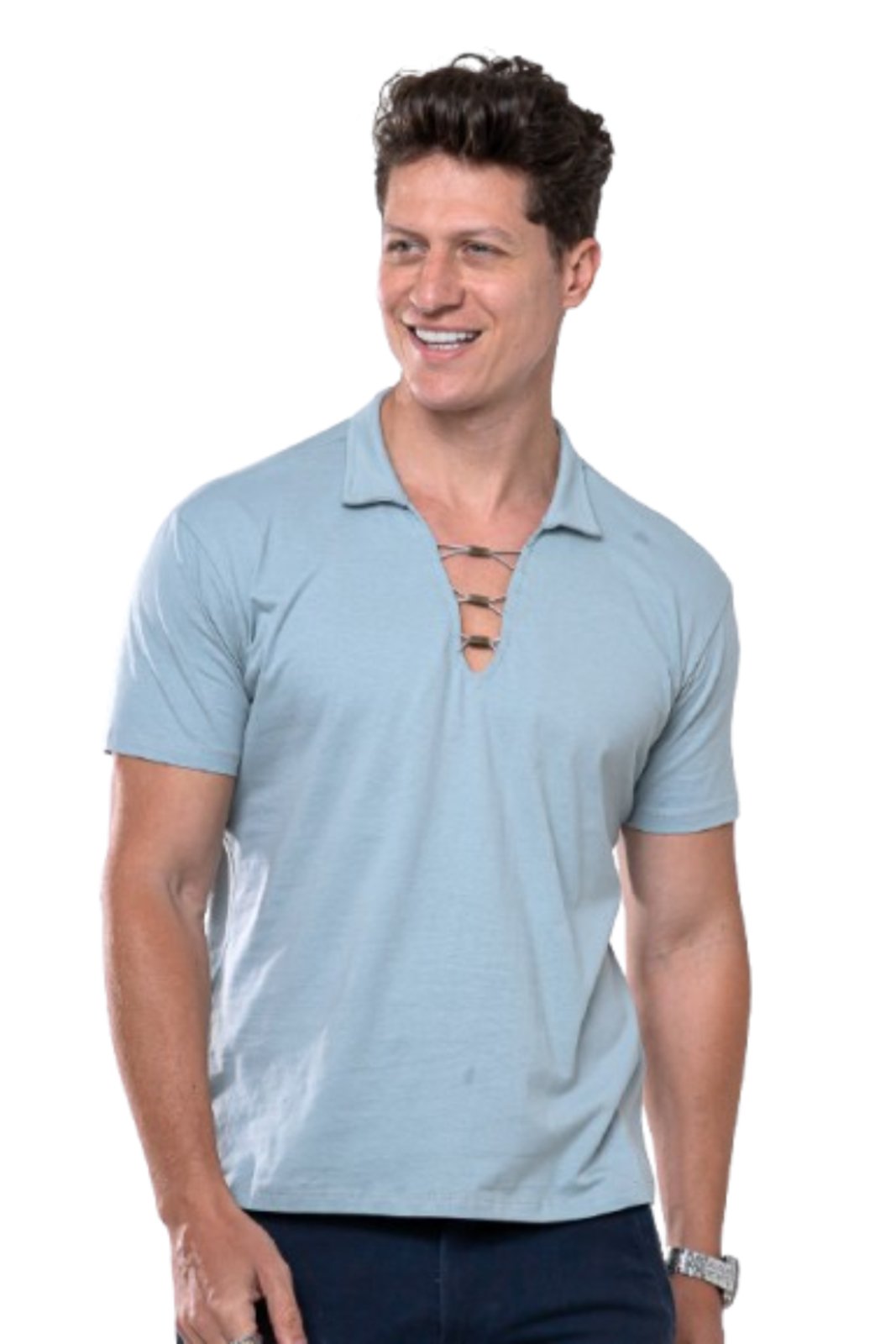 Camiseta Masculina Camisa Gola V Polo Garais Moda Casual Manga Curta 100% Algodão com Ilhós e Cordão Ajustável Cinza